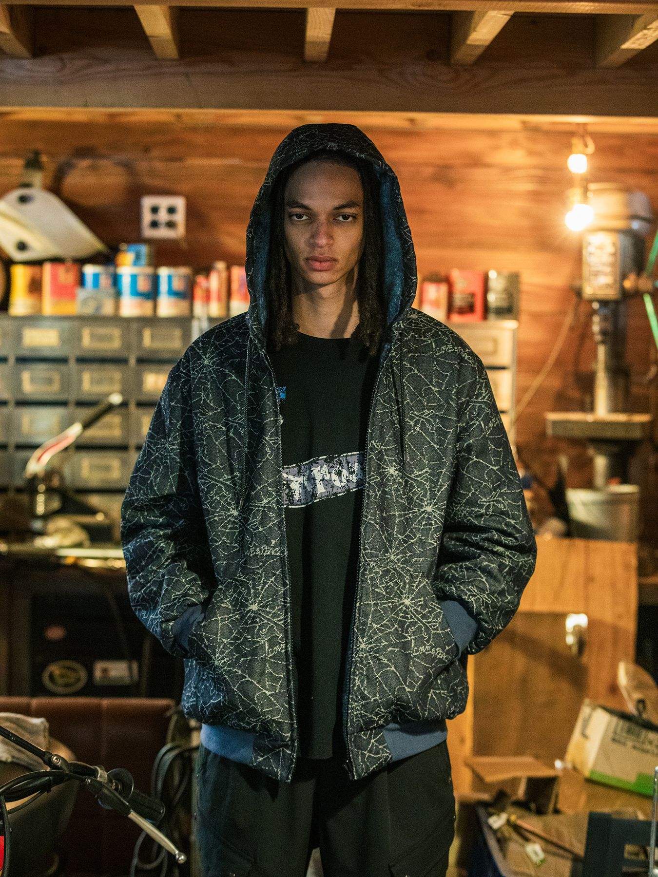 【予約品 3月9日(月) 18:00 締切】SPIDER JAQ HOODIE / リバーシブル スパイダー ジャガード ジップフーディ / ブルー