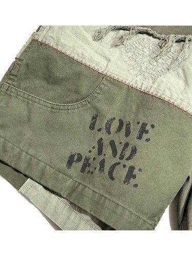 《予約品8月31日 23時55分締め》 DAMAGE SHORTS A スワロフスキー/ ハーフパンツ / カーキ 【roarguns 】 2024年2月入荷予定