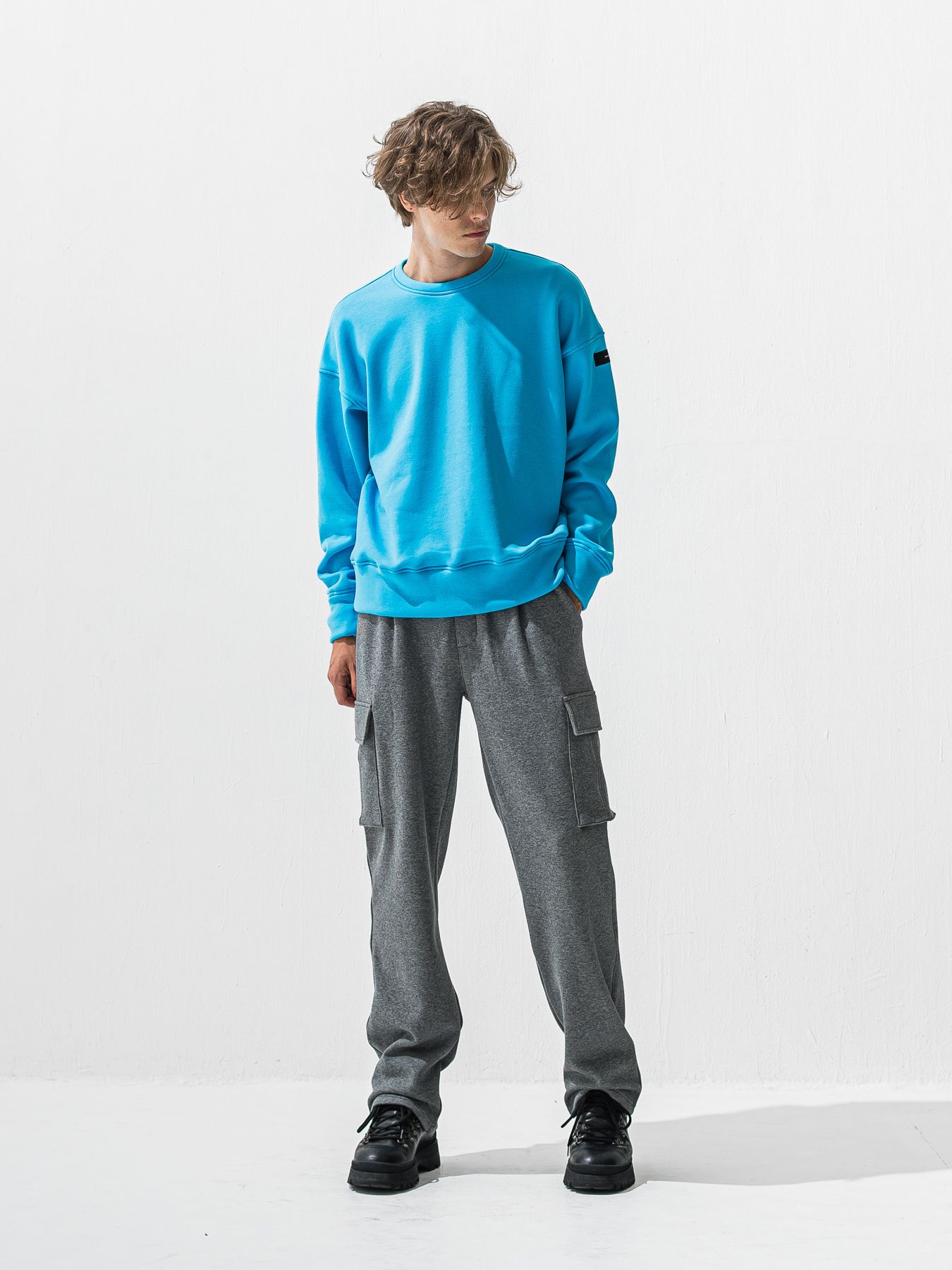 【予約品 9月6日(日) 締切】PIN ST RC VELOURS FLEECE DROP TRAINER / ピンストライプロゴ 裏起毛 ルーズトレーナー / ブルー