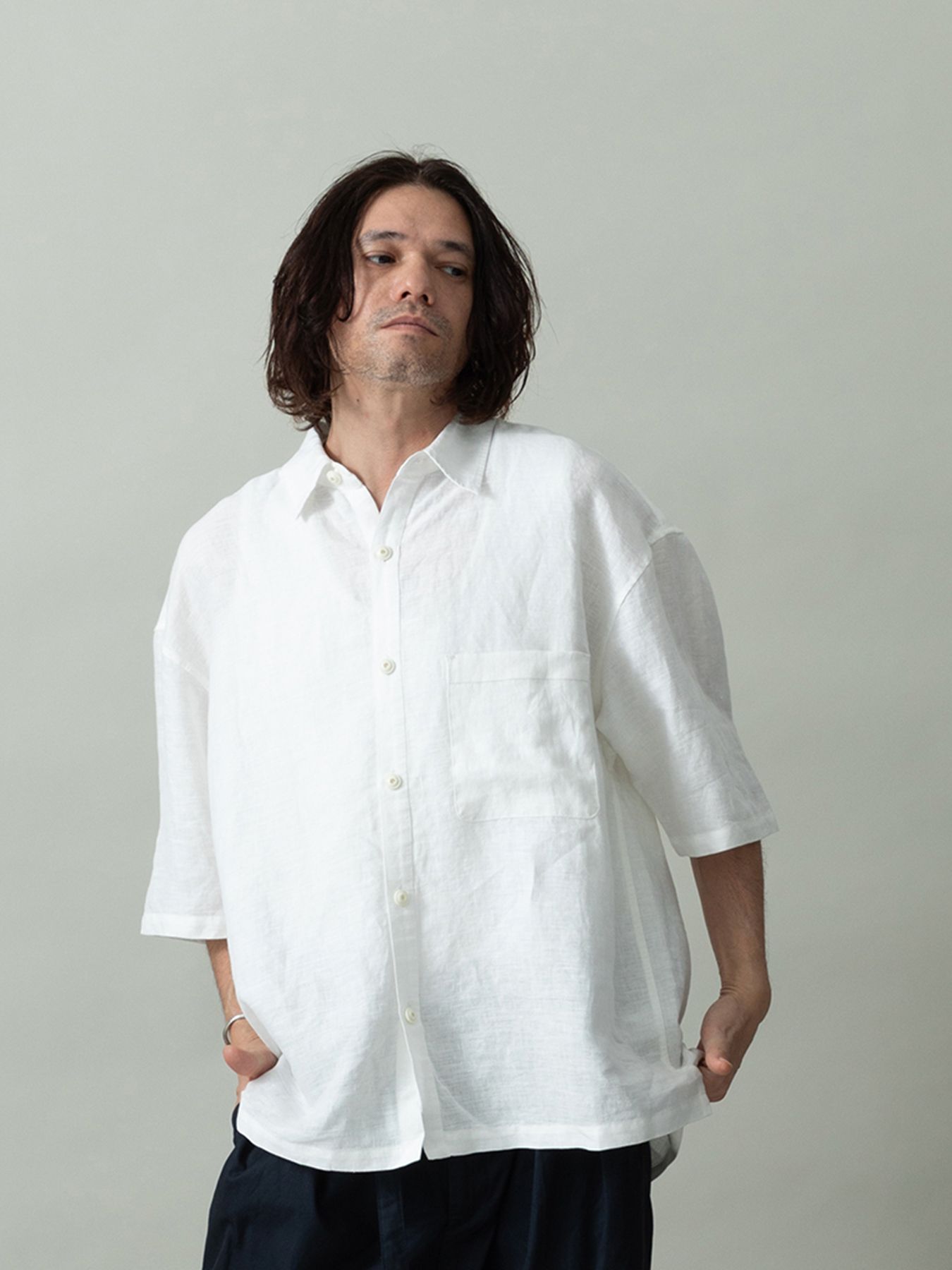 【予約品 2月1日(日) 締切】GATHERLINEN SHIRTS S/S / リネン 半袖シャツ / ホワイト