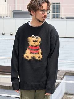アクリルバルキー×フェザーヤーン カートベア インターシャプル オーバー ニット / ブラック 【STUD MUFFIN(スタッドマフィン)】