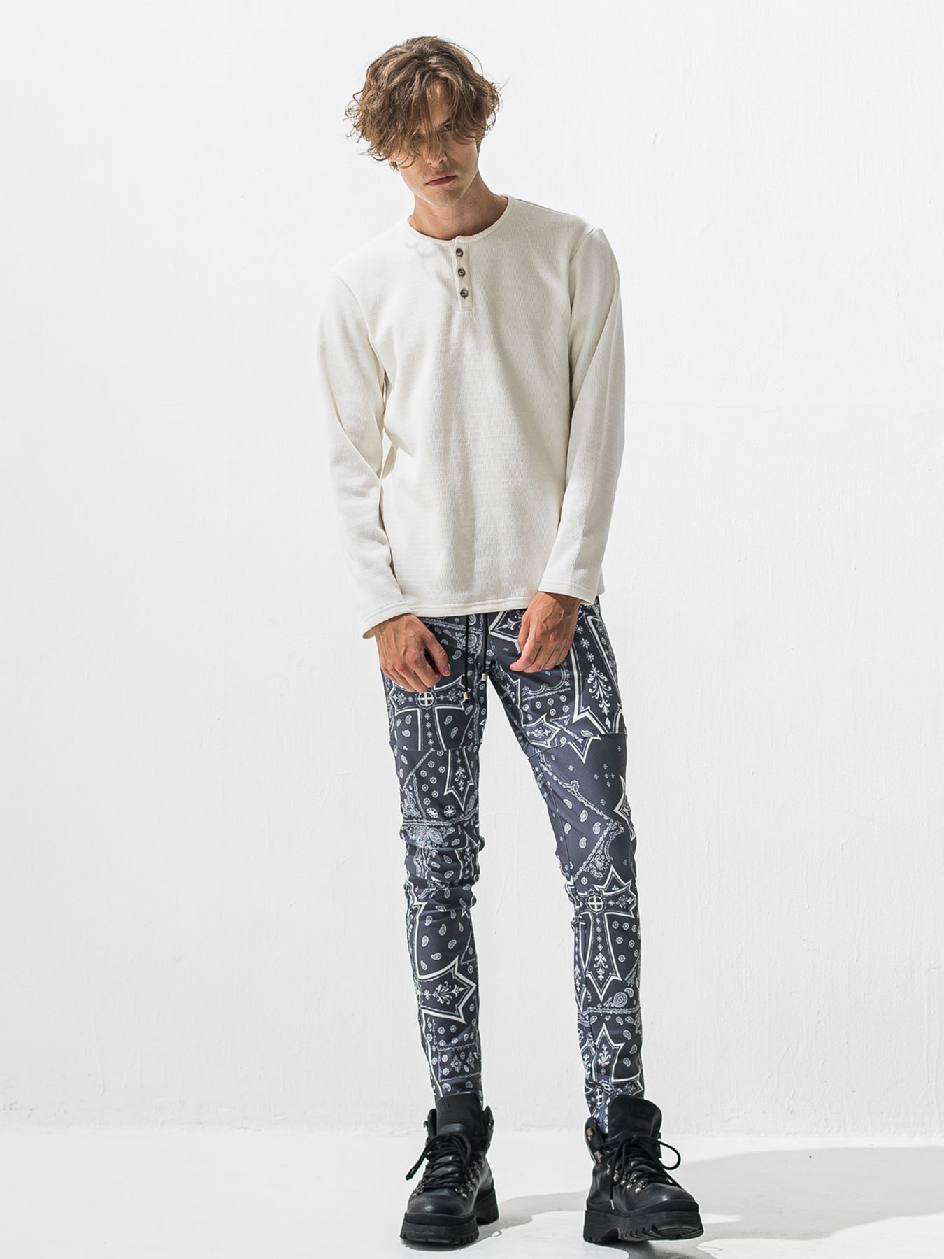 【予約品 9月6日(日) 締切】VELOURS FLEECE THERMAL HENRY / 裏起毛 ハニカムサーマル ヘンリーネック / ホワイト