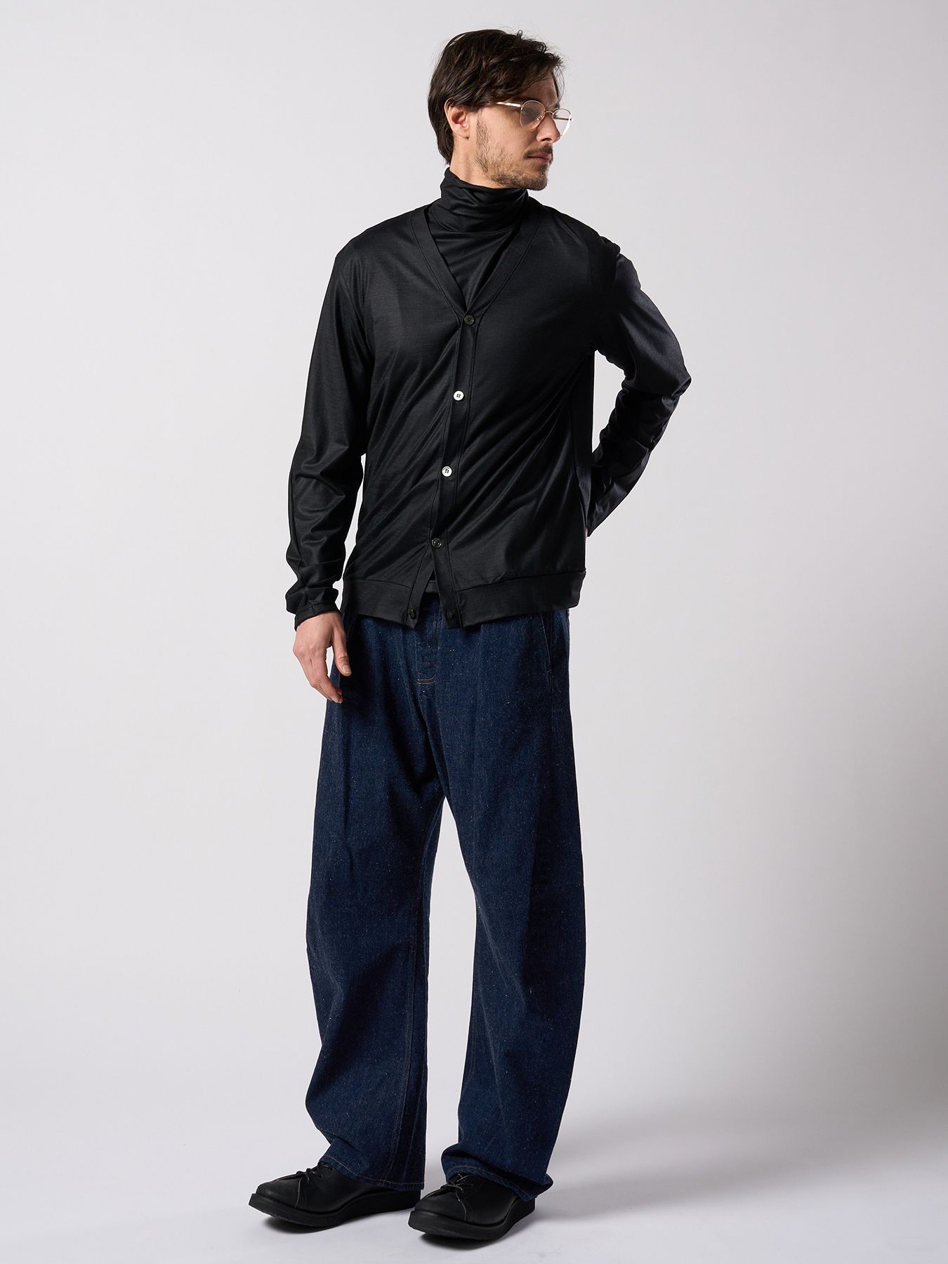 【予約品 4月19日(日) 18時締切】ex.comfy wool middle cardigan / メリノウールジャージー カーディガン / ブラック