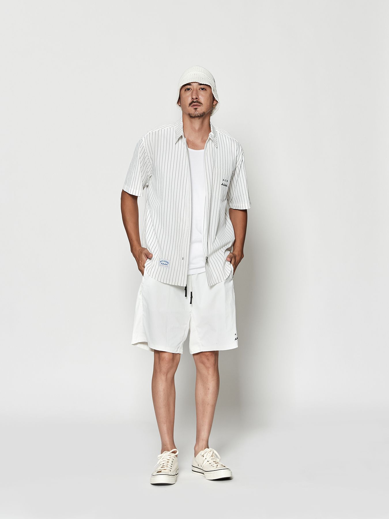 【予約品 10月9日(木) 締切】muta Dot Air(R) Zip Up S-S Shirt / ZIP半袖シャツ / ホワイトストライプ【Acanthus × muta MARINE】