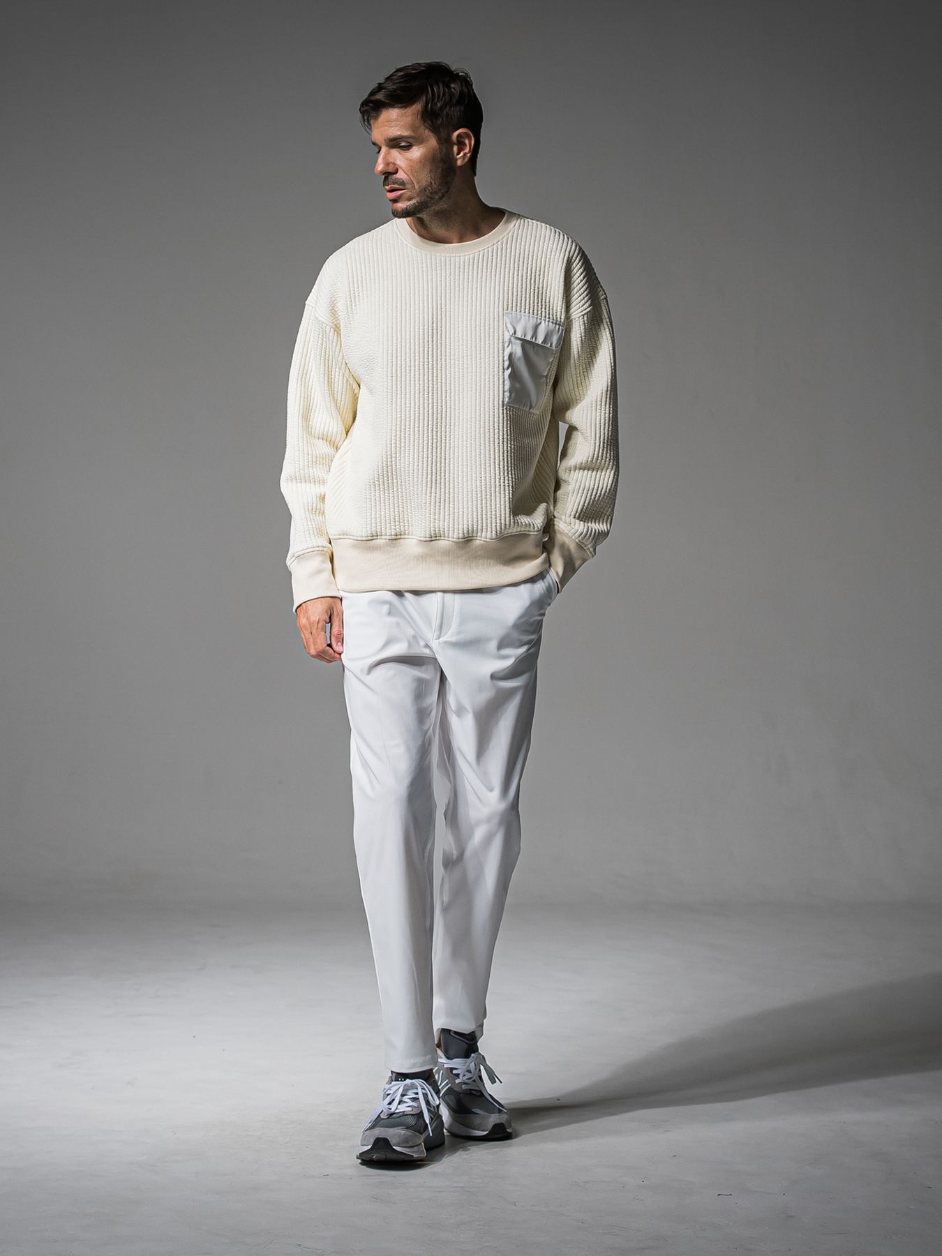 【予約品 】STRIPE QUILTING DROP TRAINER / ストライプキルティング ルーズトレーナー / オフ