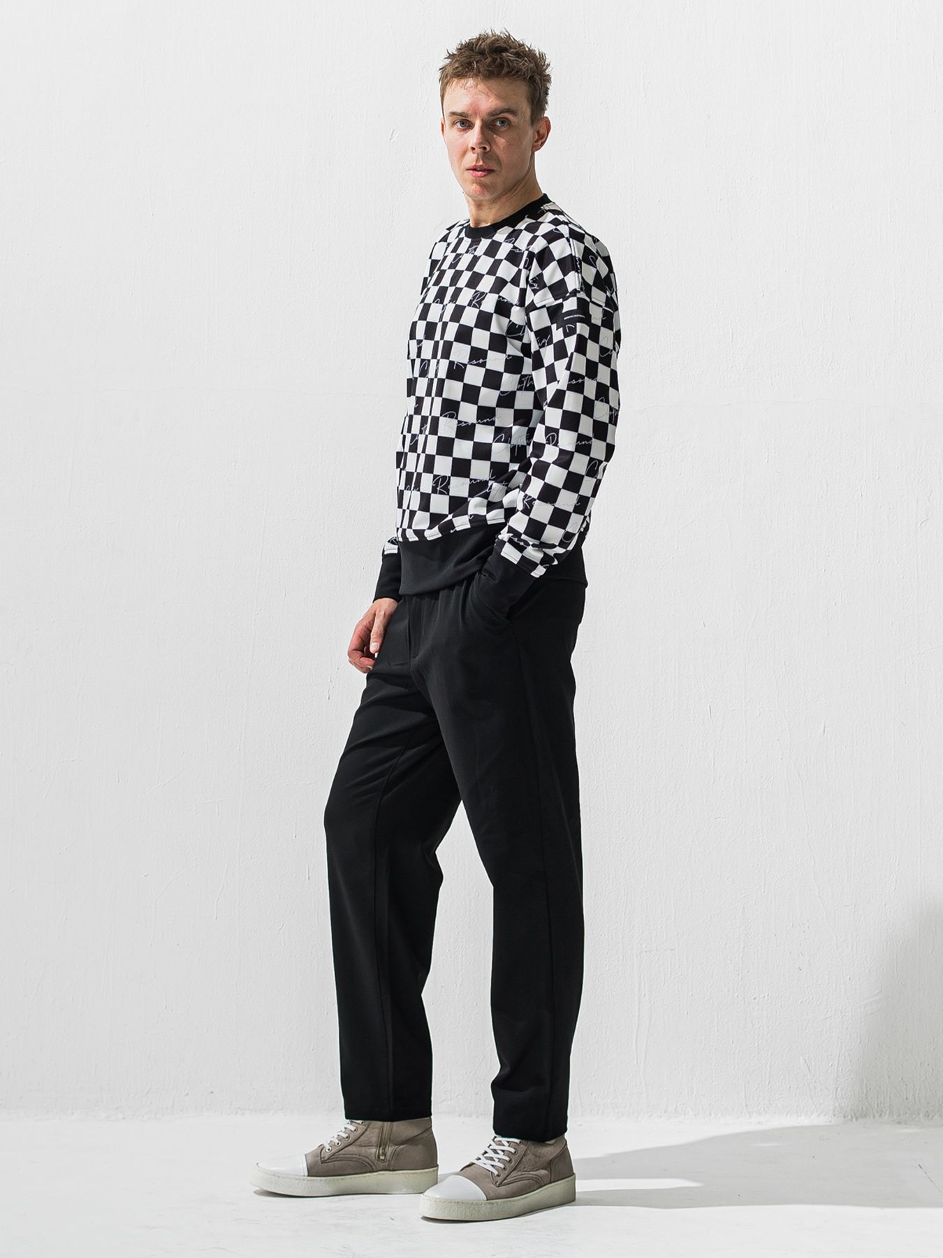 【予約品 9月6日(日) 締切】CHECKER BACK FLEECE TRAINER / 裏起毛 ルーズトレーナー / ホワイト×ブラック