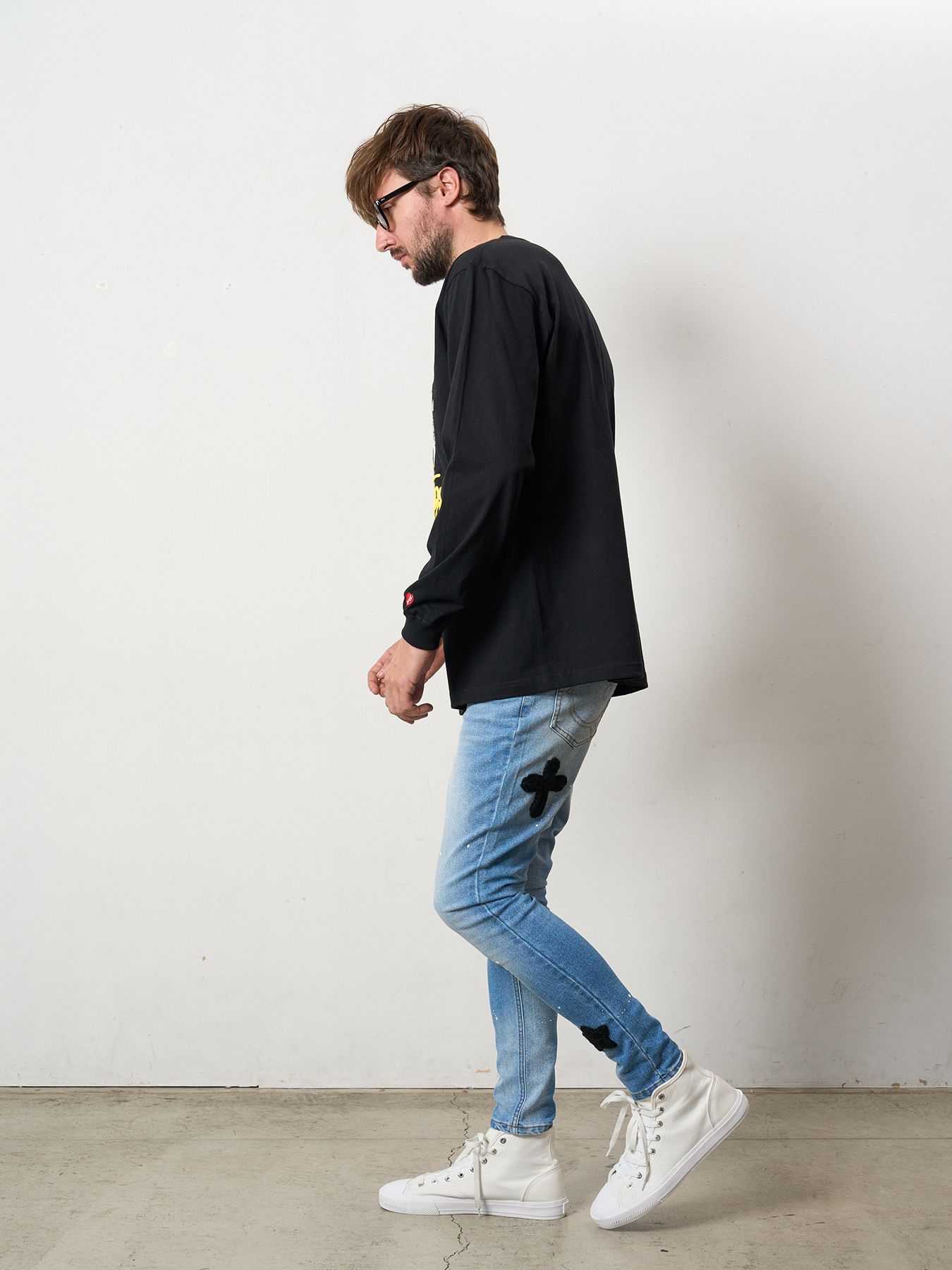 【予約品 5月8日(木) AM10時 締切】 5.6ozコットン天竺 PEACE AFTER DEATH&クロスパッチワーク LS Tシャツ / ブラック