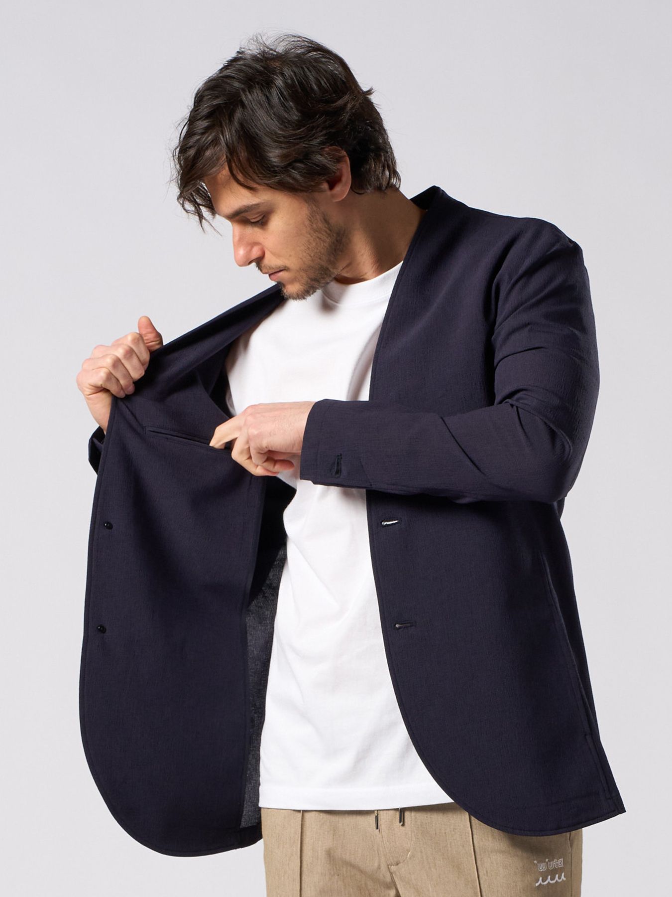 【予約品 1月25日(日) 締切】solid collar single jacket / ソリッドカラー シングル ジャケット / ネイビー