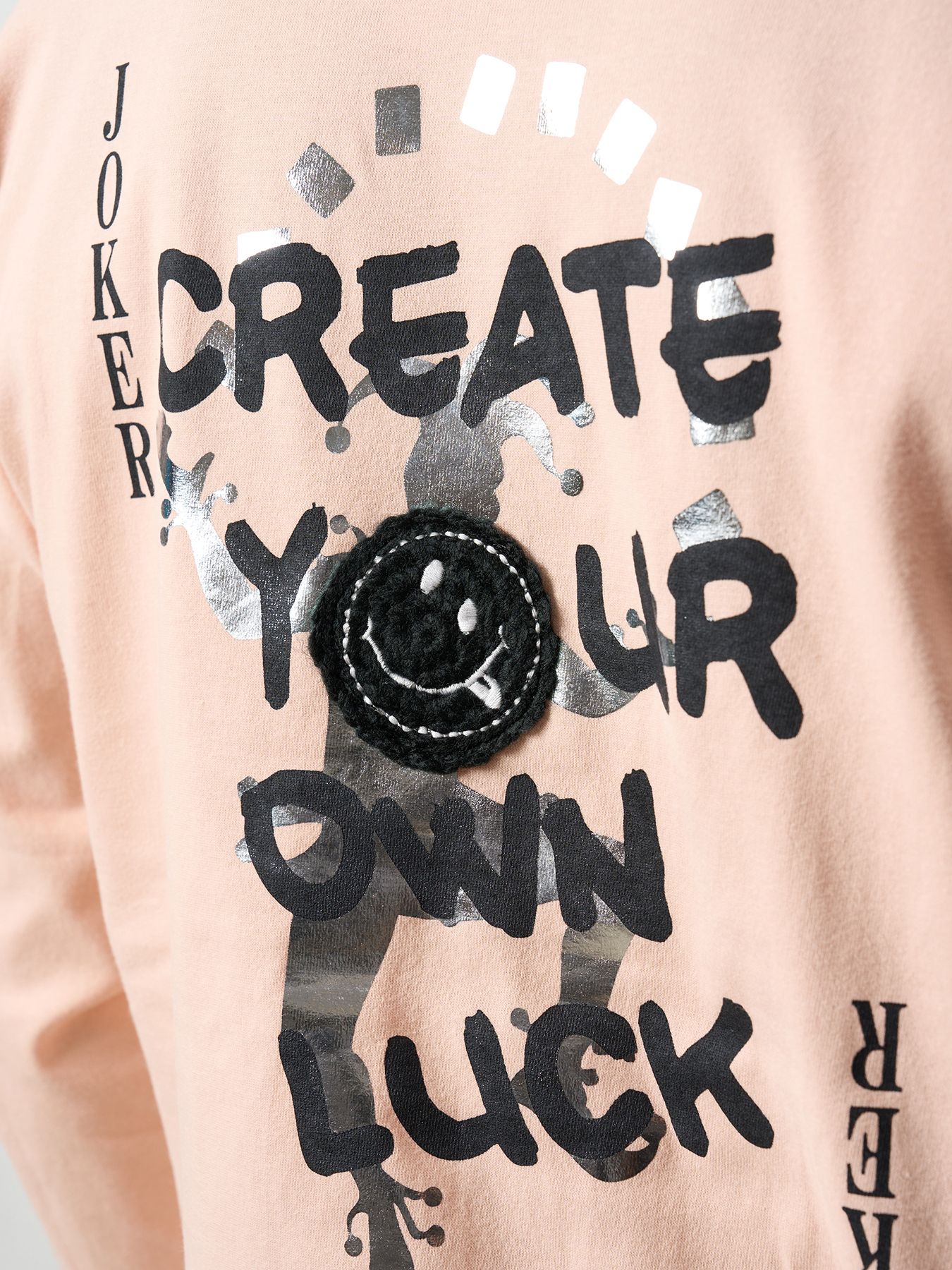【予約品 5月8日(木) AM10時 締切】 5.6ozコットン天竺 CREATE YOUR OWN LUCK&マルチパッチワーク LS Tシャツ / ペールピンク