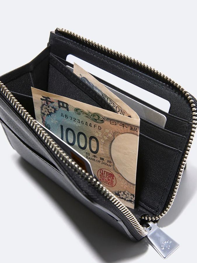 L字型のファスナーレザーウォレットBlack牛革 【aniary】34-20000