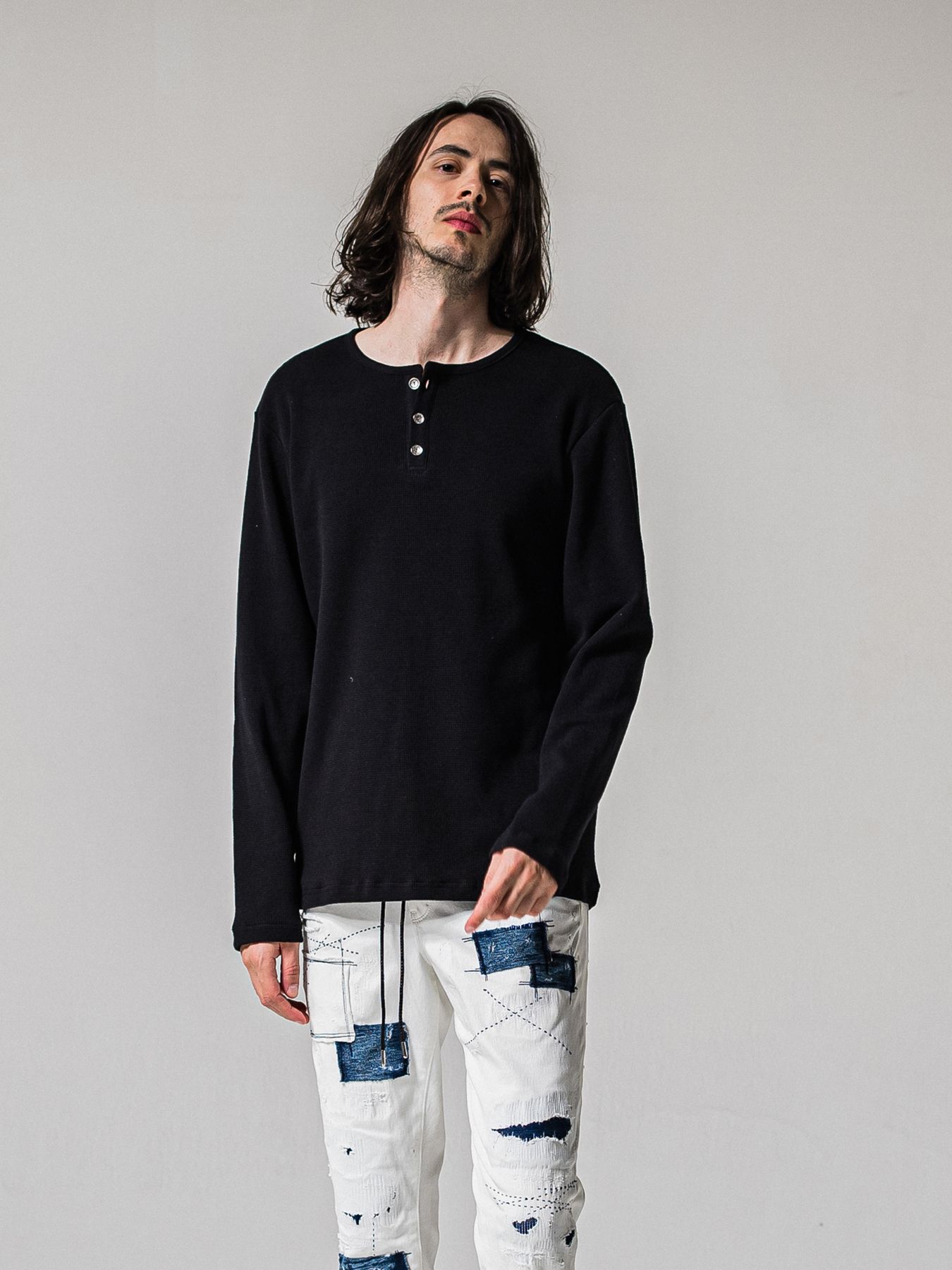 【予約品 11月16日(日) 締切】WAFFLE HENRY / ワッフルサーマル ヘンリーネック / ブラック