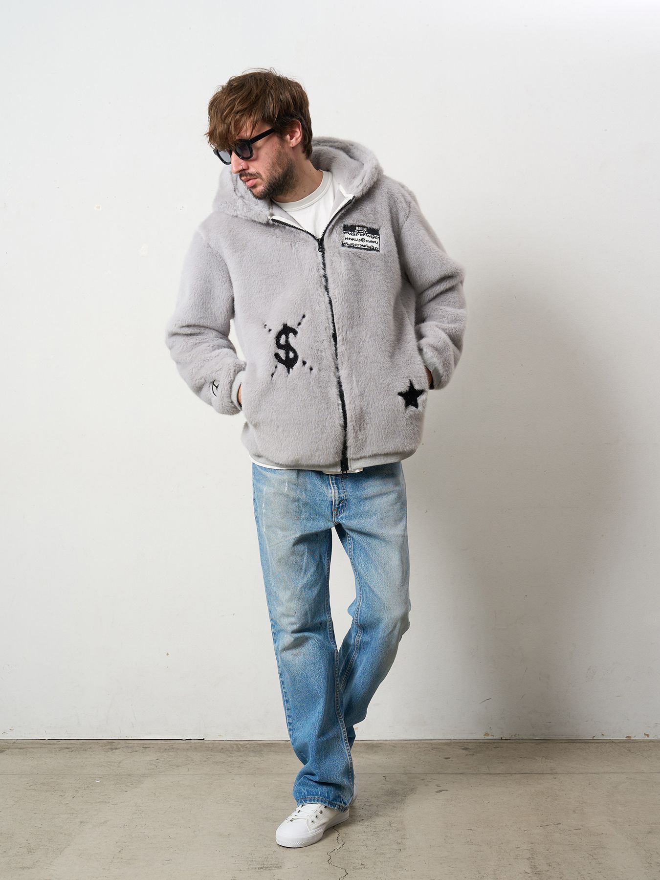 【予約品 5月8日(木) AM10時 締切】 ECOファー マルチパッチワークビックジップワイドパーカー / M.グレー