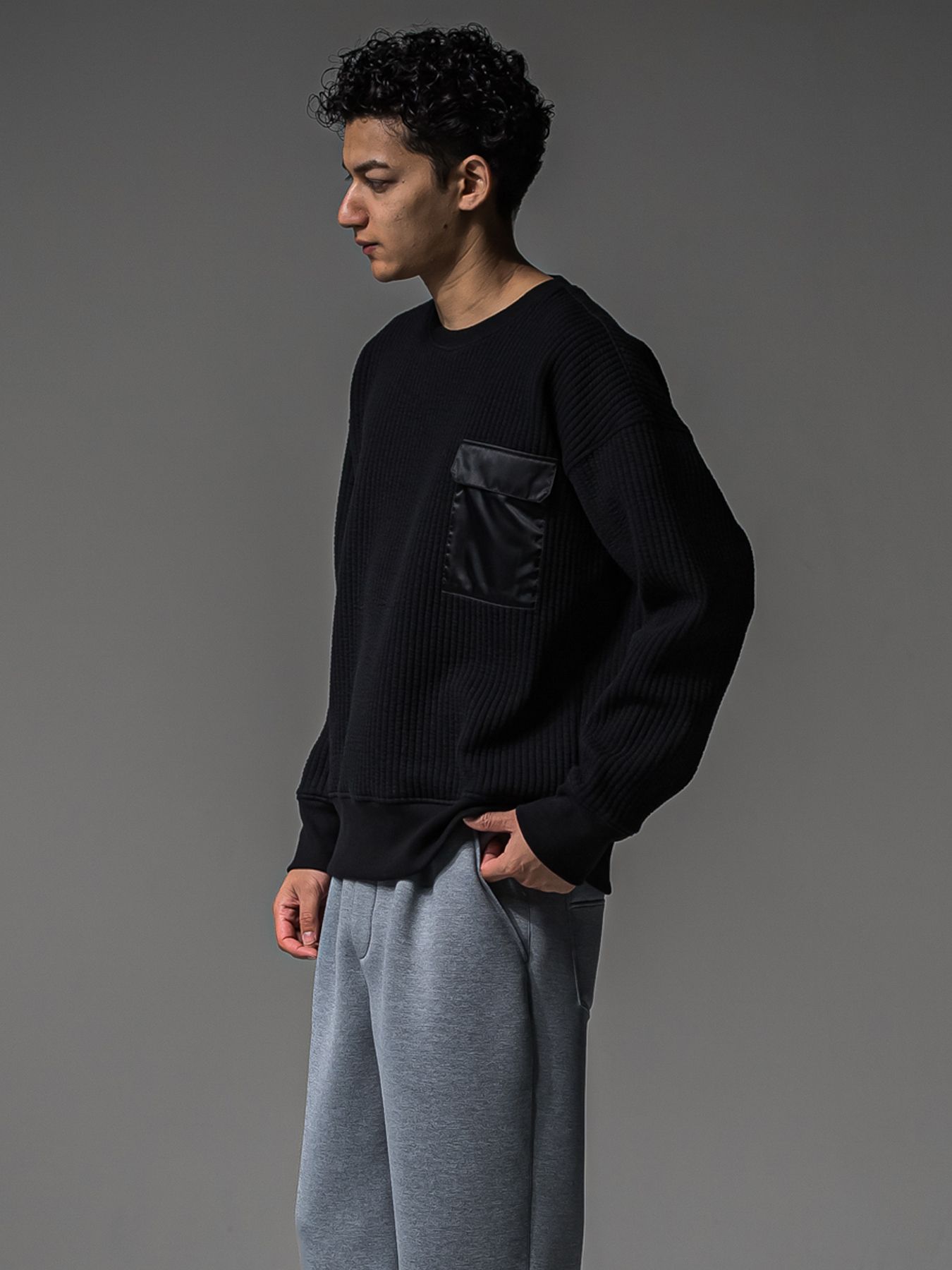 【予約品 】STRIPE QUILTING DROP TRAINER / ストライプキルティング ルーズトレーナー / ブラック