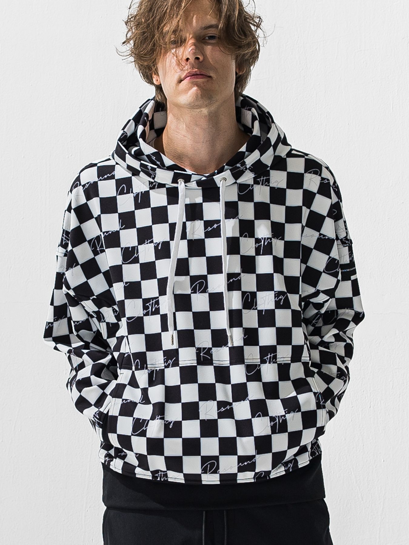 【予約品 9月6日(日) 締切】CHECKER BACK FLEECE TRAINER / 裏起毛 ルーズフーディー / ホワイト×ブラック