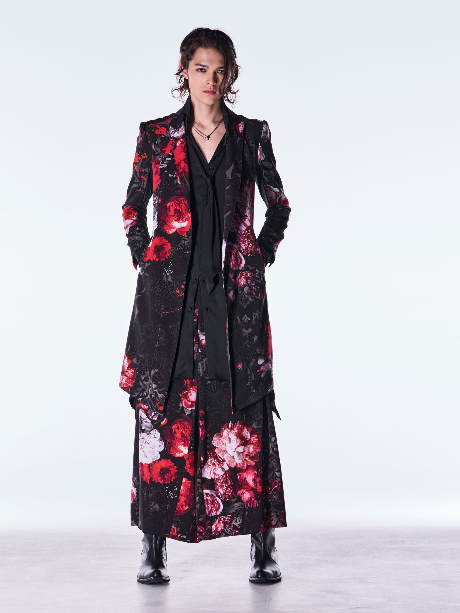 【予約品 6月29日(月) 締切】Goth Flora Suede Satin Flare Jacket / フレアジャケット / ブラック