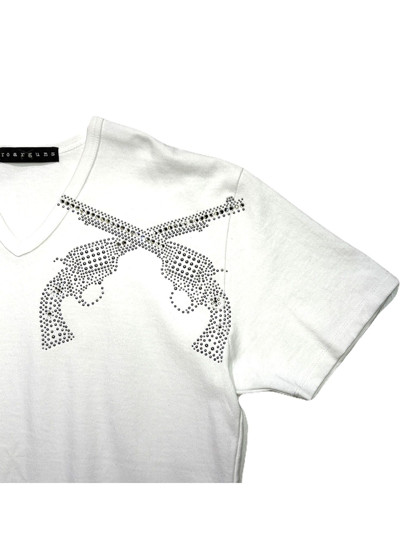 【予約品 3月9日(月) 18:00 締切】FRONT CROSSGUN T / クリスタル メタル クロスガン Vネック Tシャツ / ホワイト