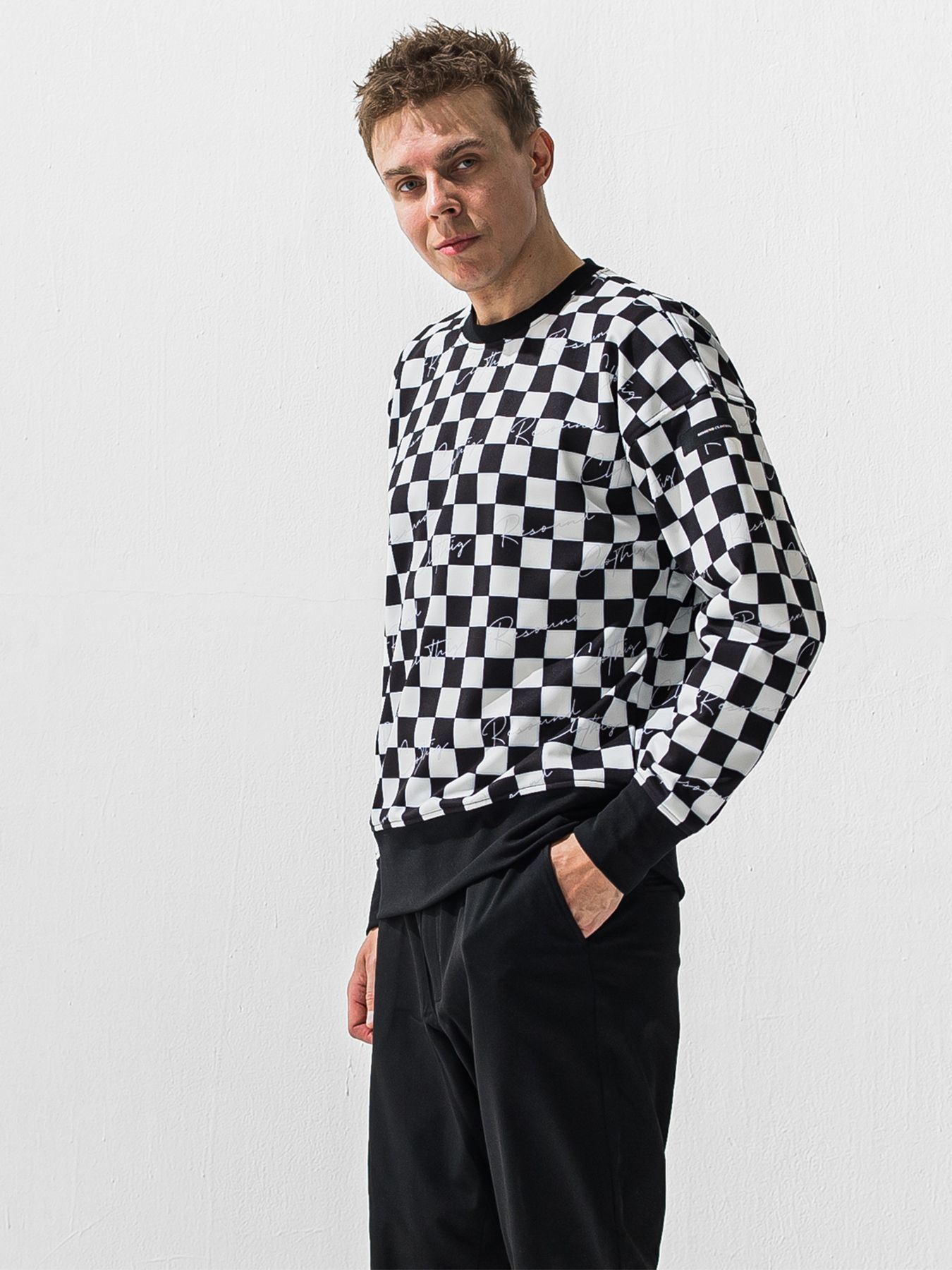 【予約品 9月6日(日) 締切】CHECKER BACK FLEECE TRAINER / 裏起毛 ルーズトレーナー / ホワイト×ブラック