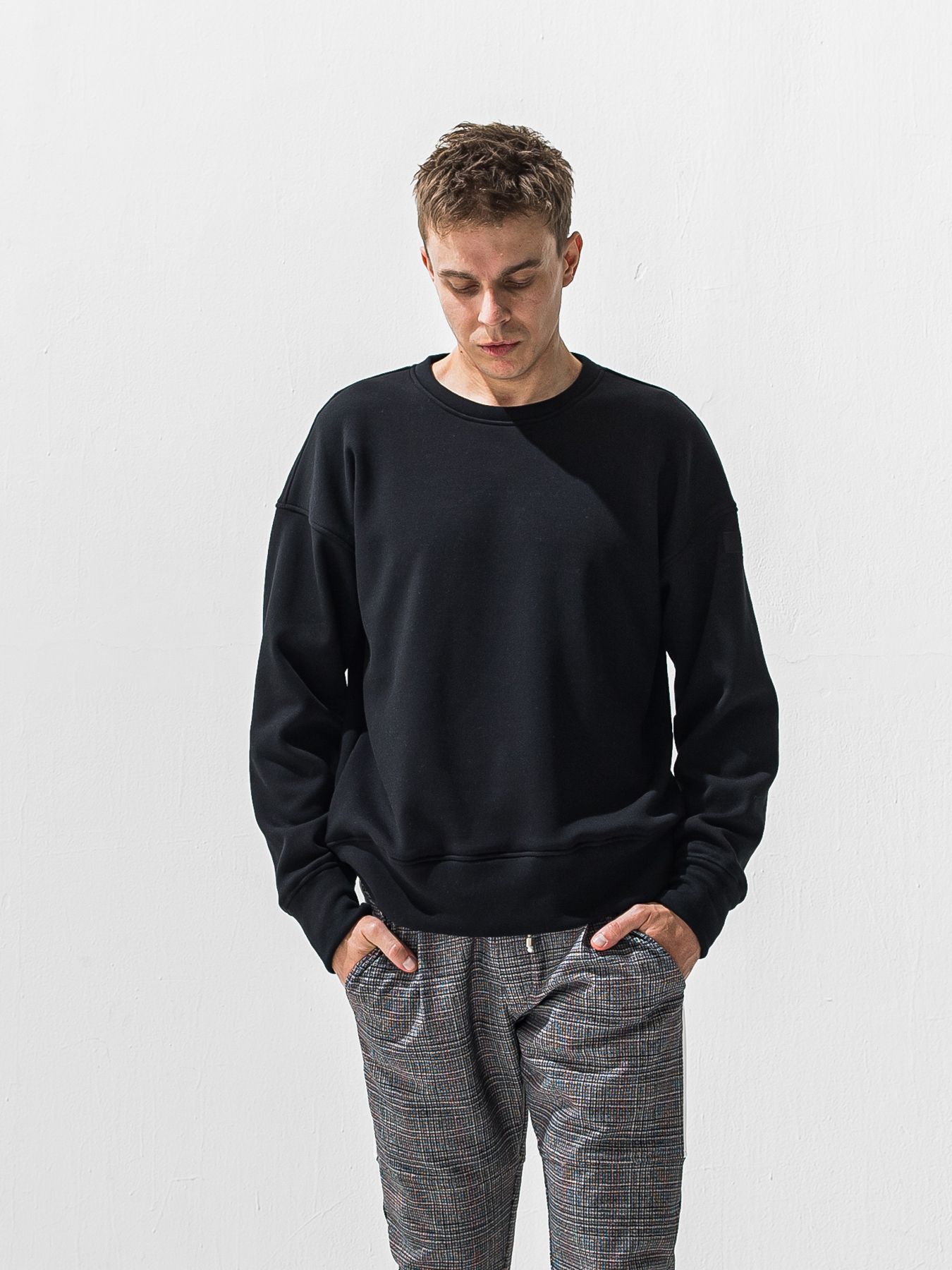 【予約品 9月6日(日) 締切】PIN ST RC VELOURS FLEECE DROP TRAINER / ピンストライプロゴ 裏起毛 ルーズトレーナー / ブラック