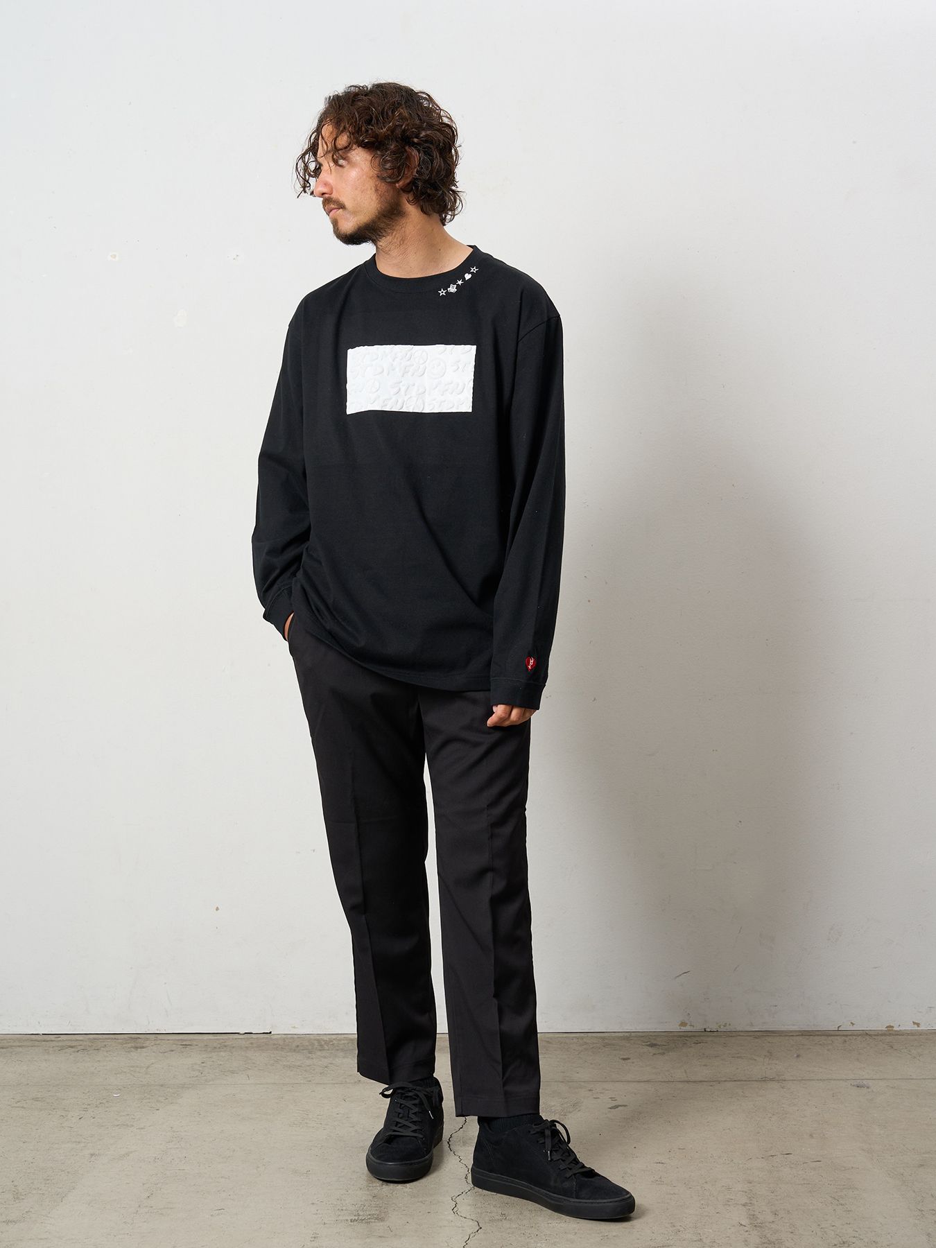 【予約品 5月8日(木) AM10時 締切】 5.6ozコットン天竺 ボックスロゴ発泡プリントLS Tシャツ / ブラック