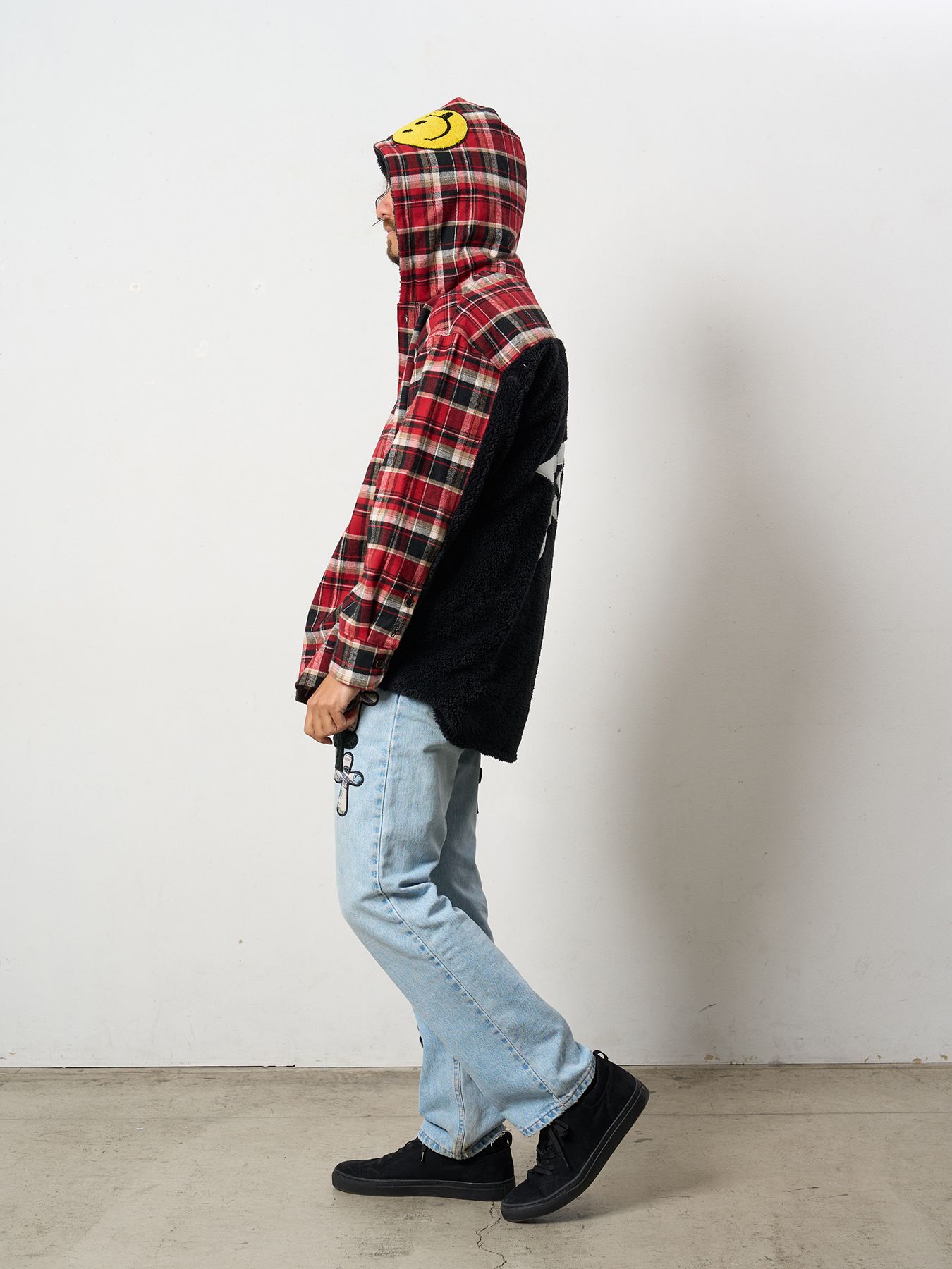 【予約品 】 ヘビーネルチェック-ボア レザースター&サガラパッチワーク フーデッドシャツ / ブラック