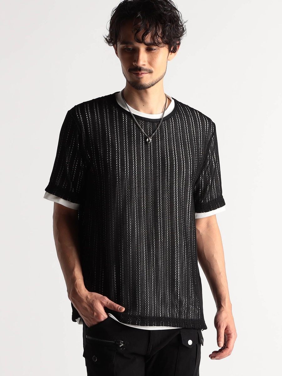 ラッセルレースアンサンブルTシャツ ブラック×ホワイト（NICOLE CLUB FOR MEN)