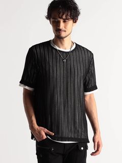 ラッセルレースアンサンブルTシャツ ブラック×ホワイト（NICOLE CLUB FOR MEN)