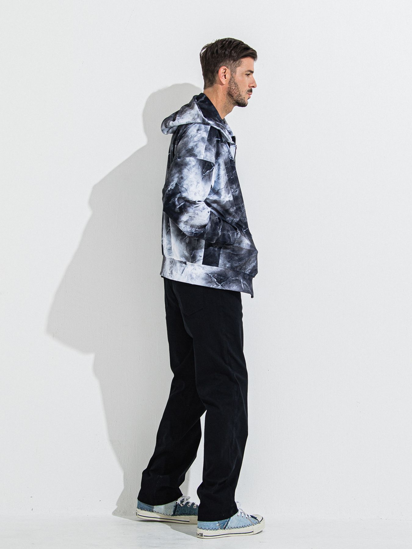 【予約品 】RASH OVER ZIPUP HOODIE / ラッシュガード オーバーサイズジップアップパーカー / マーブルブラック