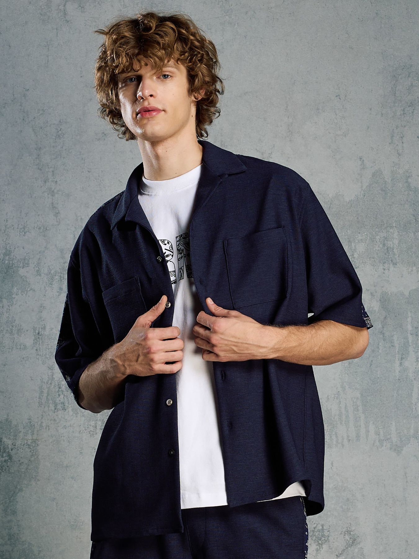 【予約品 1月25日(日) 締切】bandana print panel open shirt / バンダナプリントパネル オープンカラーシャツ / ネイビー