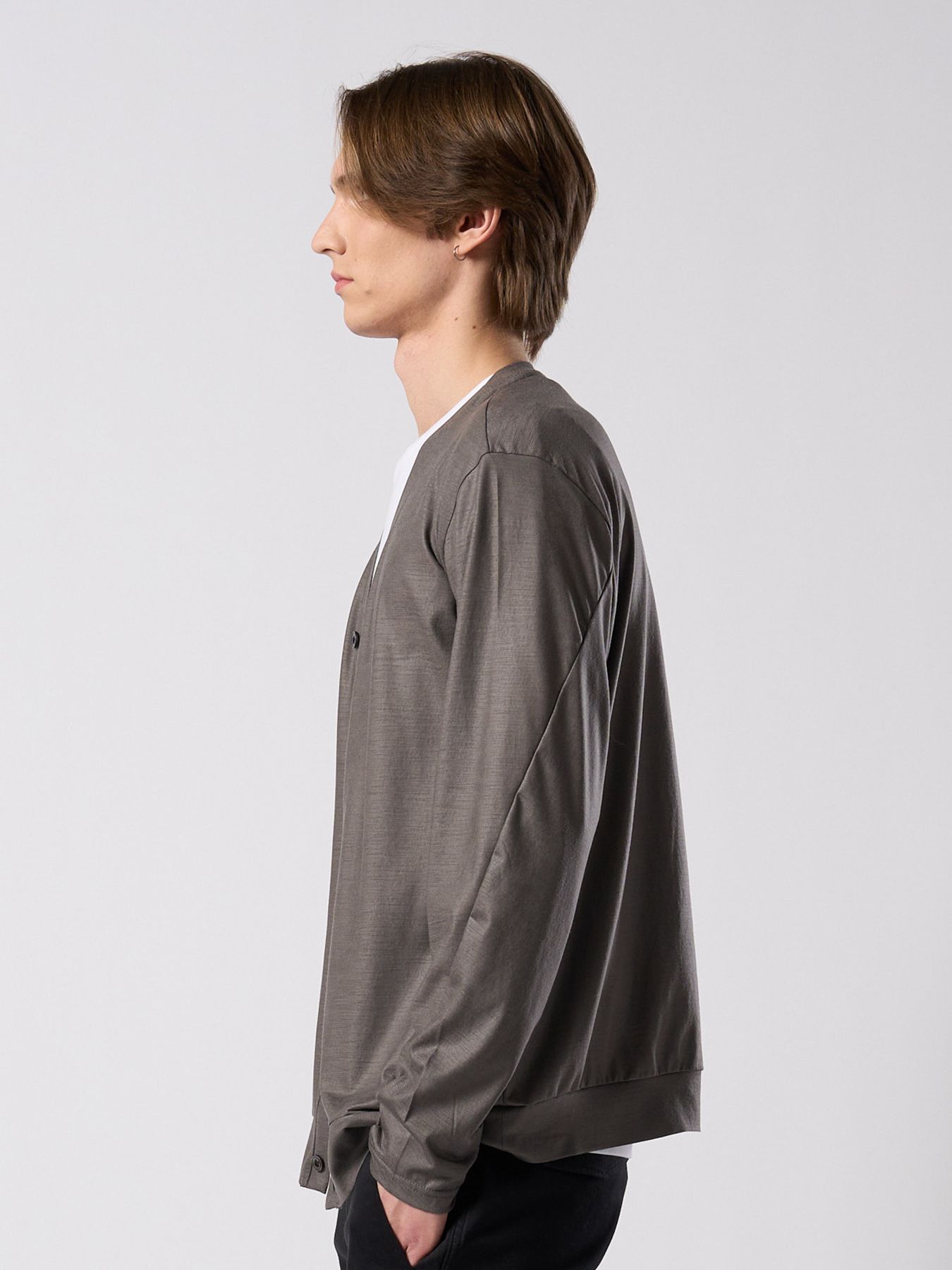 【予約品 4月19日(日) 18時締切】ex.comfy wool middle cardigan / メリノウールジャージー カーディガン / スチールグレー