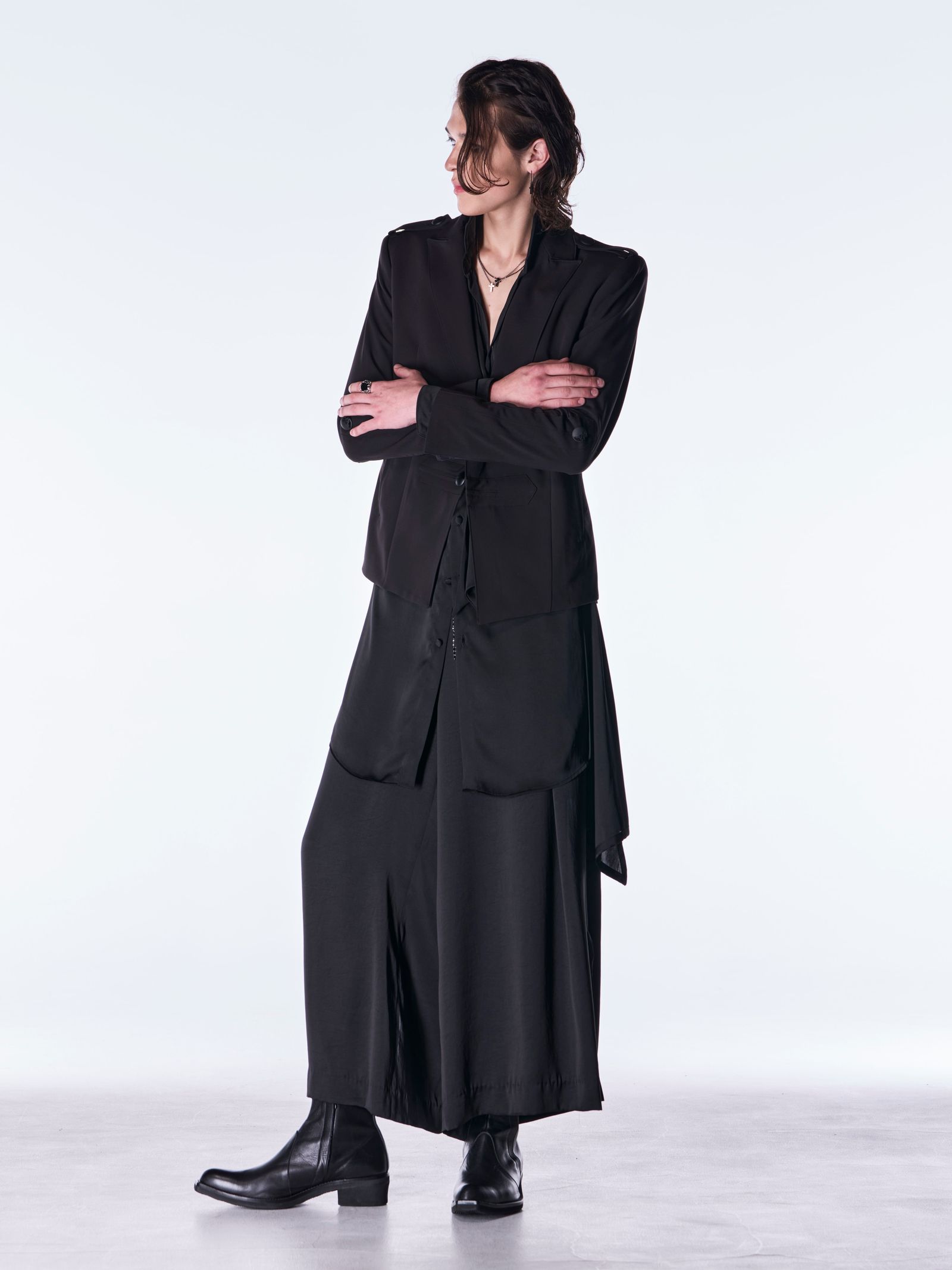 【予約品 6月29日(月) 締切】Vintage Satin Stand Collar Shirt / スタンドカラー シャツ / ブラック