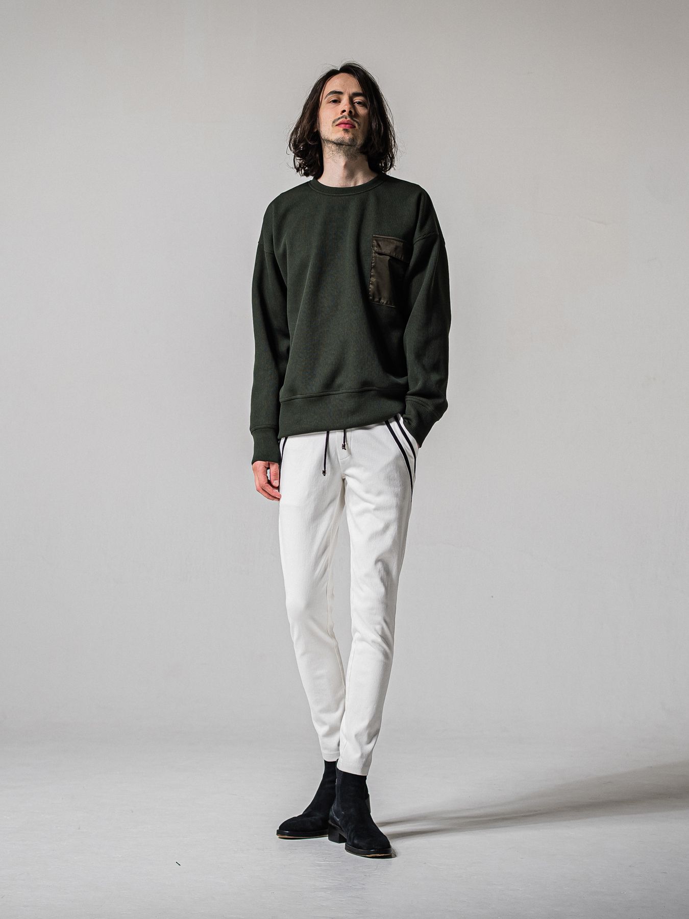 【予約品 11月16日(日) 締切】AZE MILITARY DROP TRAINER / 畔編みニット トレーナー / カーキ