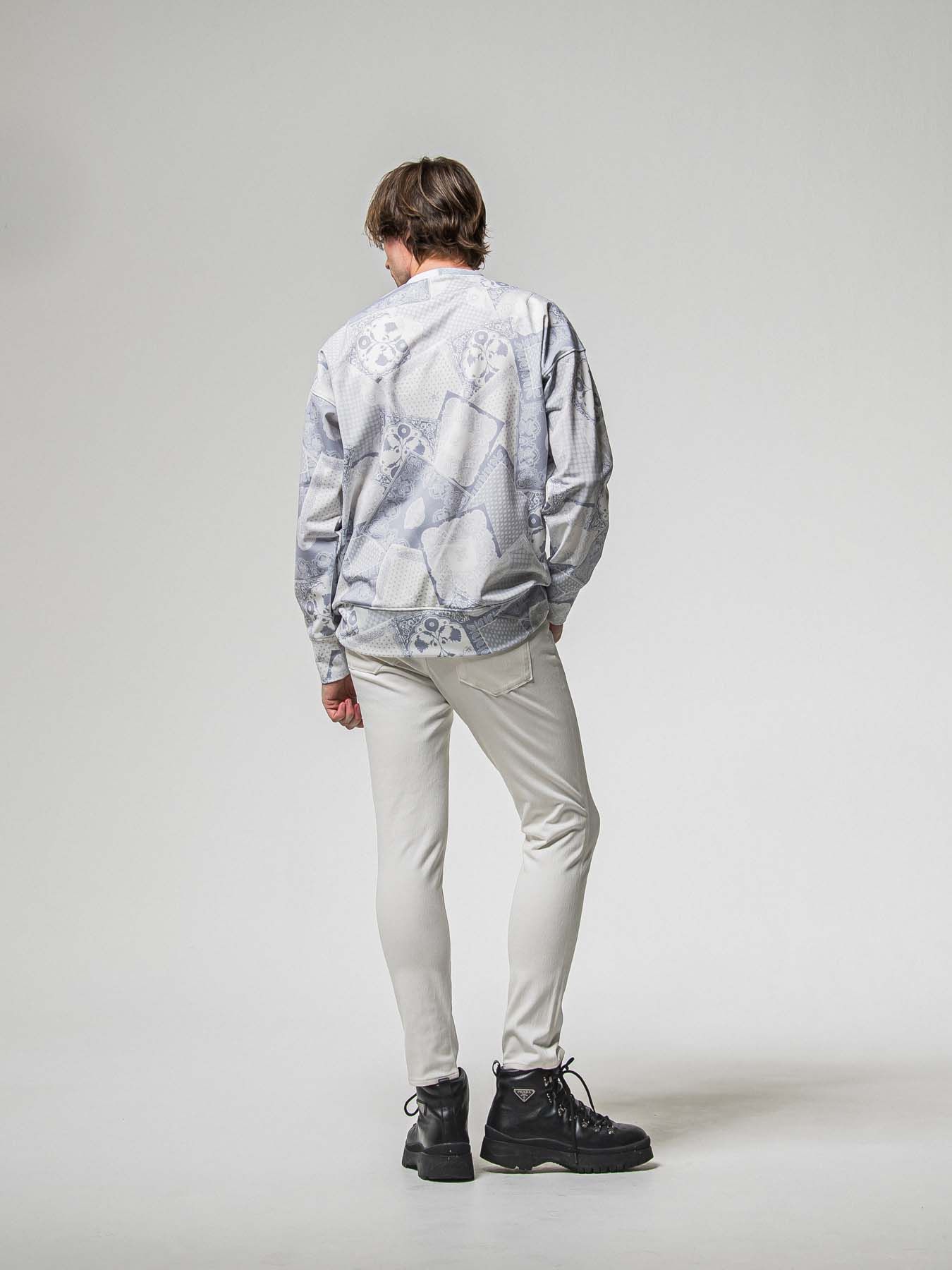 【予約品 8月31日(日) 締切】PAISLEY BACK FLEECE DROP TRAINER / ペイズリー バックフリース ドロップショルダートレーナー / グレー