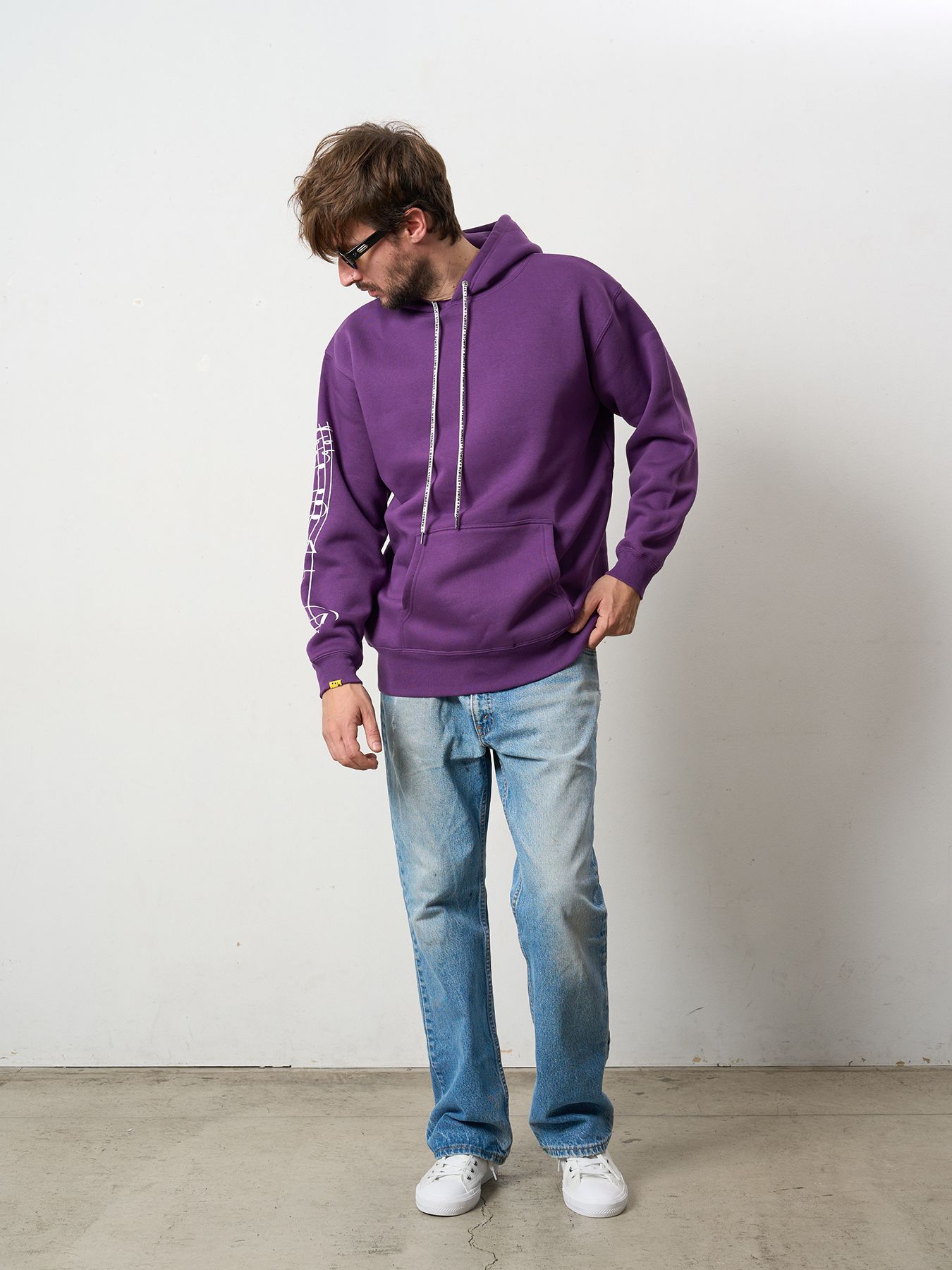 【予約品 5月8日(木) AM10時 締切】 TC裏毛起毛 リリックリボン&MUSICプリントハートサガラパッチワーク プルオーバー パーカー / パープル