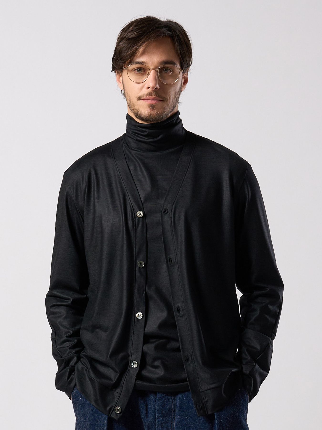 【予約品 4月19日(日) 18時締切】ex.comfy wool middle cardigan / メリノウールジャージー カーディガン / ブラック