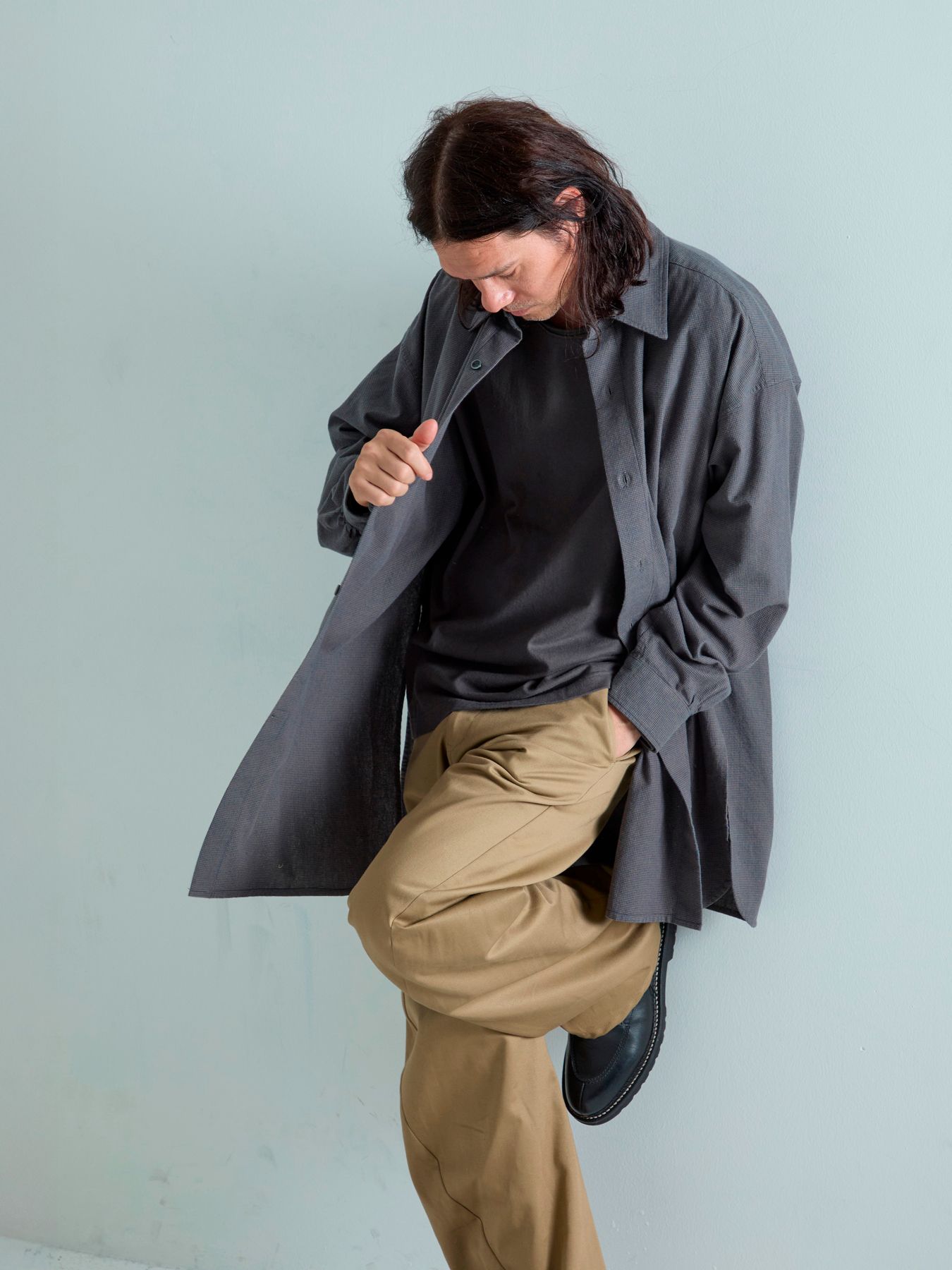 【予約品 5月7日(水)AM10時  締切】Chronos / ワッシャー加工 ロングシャツ / ダークブラウン×ネイビー千鳥