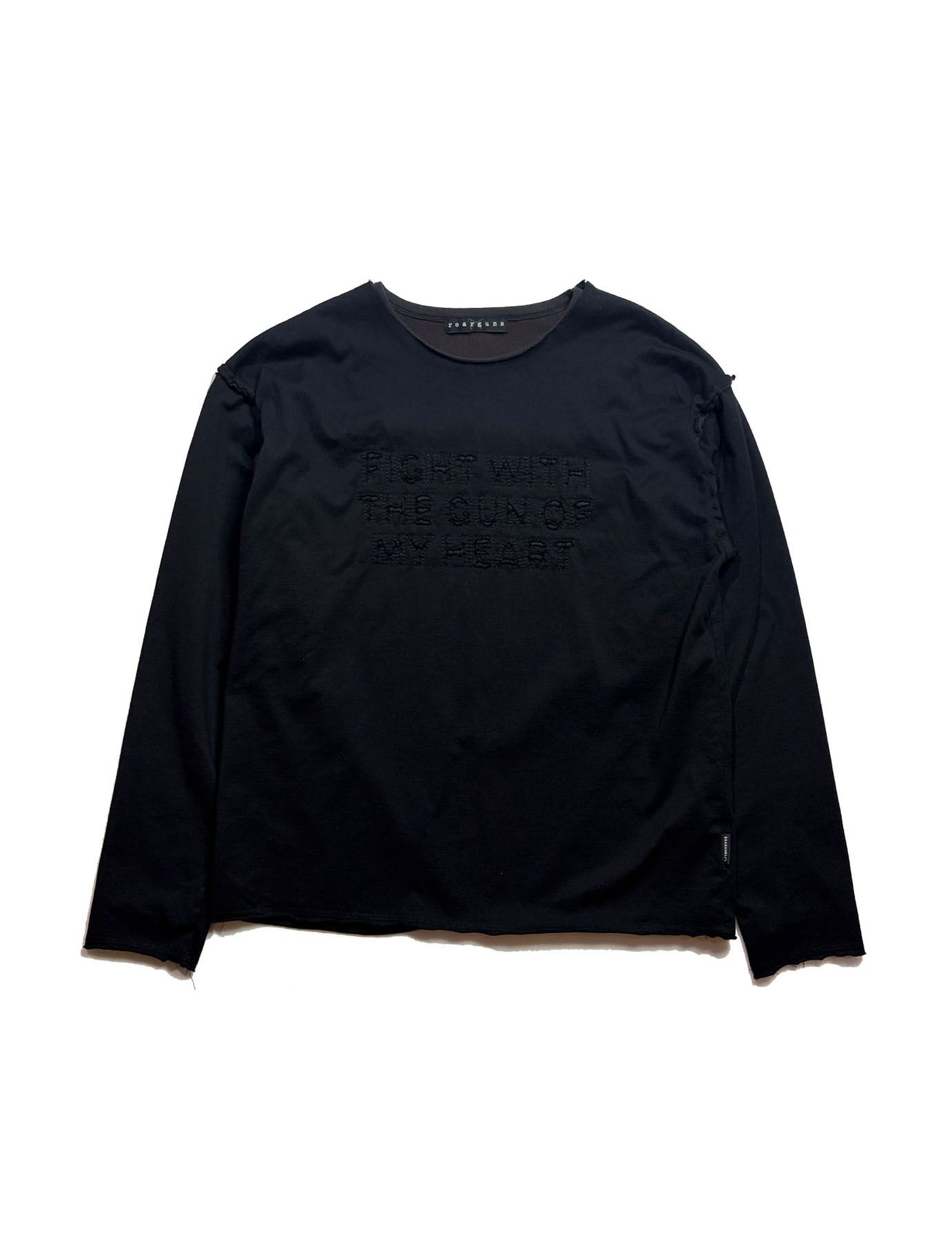 【予約品 3月9日(月) 18:00 締切】EMB CUT W FACE T / メッセージ刺繍 カット Wフェイス ロンT / ブラック×グレー