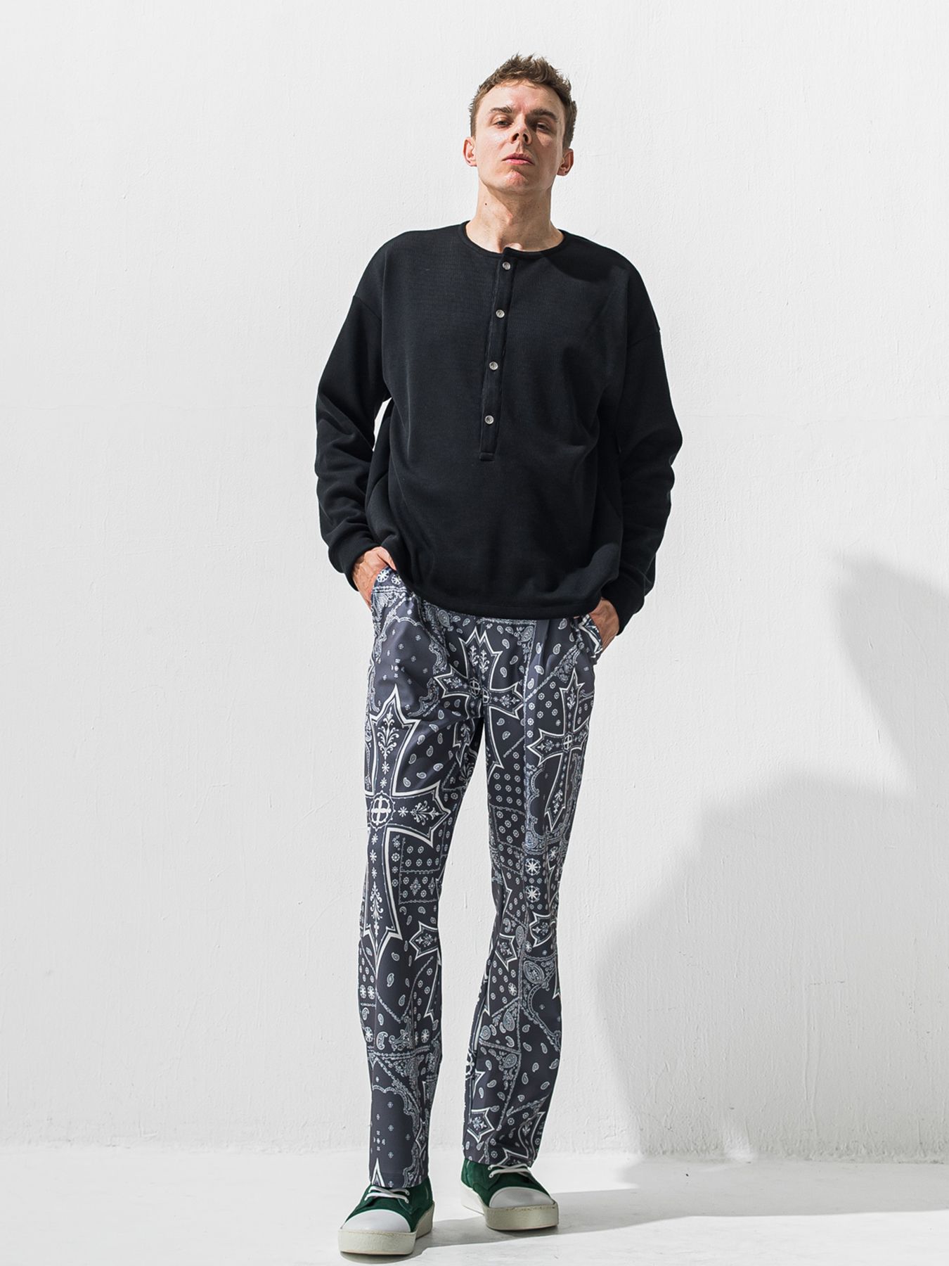 【予約品 9月6日(日) 締切】OVER HENRY VELOURS FLEECE THERMAL / 裏起毛 ハニカムサーマル オーバーサイズヘンリーネック / ブラック