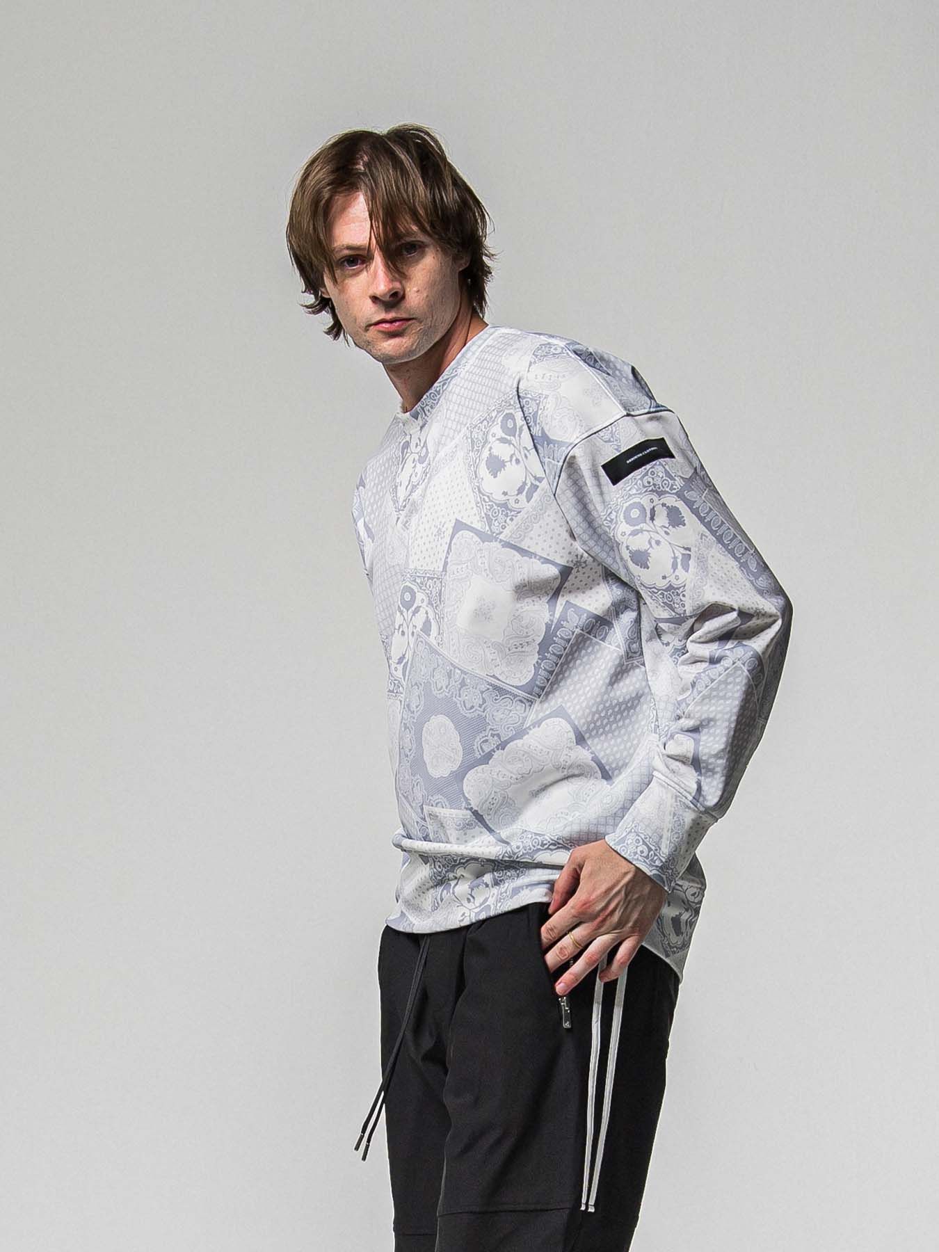 【予約品 8月31日(日) 締切】PAISLEY BACK FLEECE DROP TRAINER / ペイズリー バックフリース ドロップショルダートレーナー / グレー