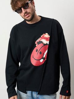 【予約品 5月8日(木) AM10時 締切】 3MIXレイヤードカットオフ モザイクプリント LS ワイドシルエットTシャツ / ブラック