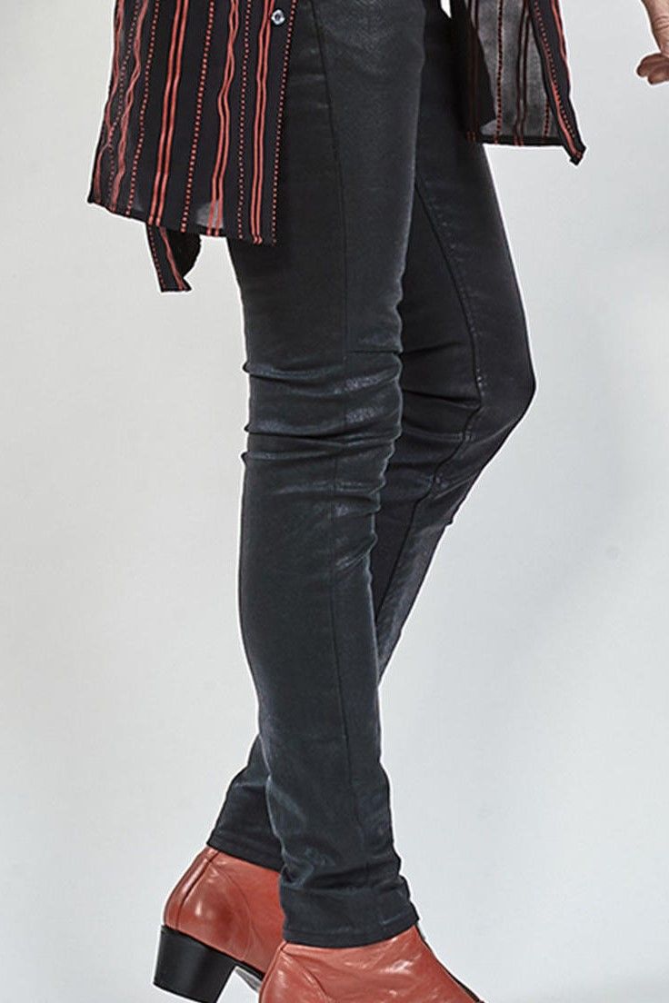 PU coating processing twin power skinny denim pants / BLACK