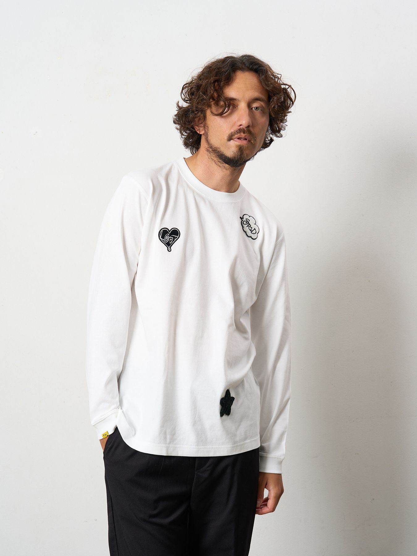 【予約品 5月8日(木) AM10時 締切】 5.6ozコットン天竺 CREATE YOUR OWN LUCK&マルチパッチワーク LS Tシャツ / ホワイト