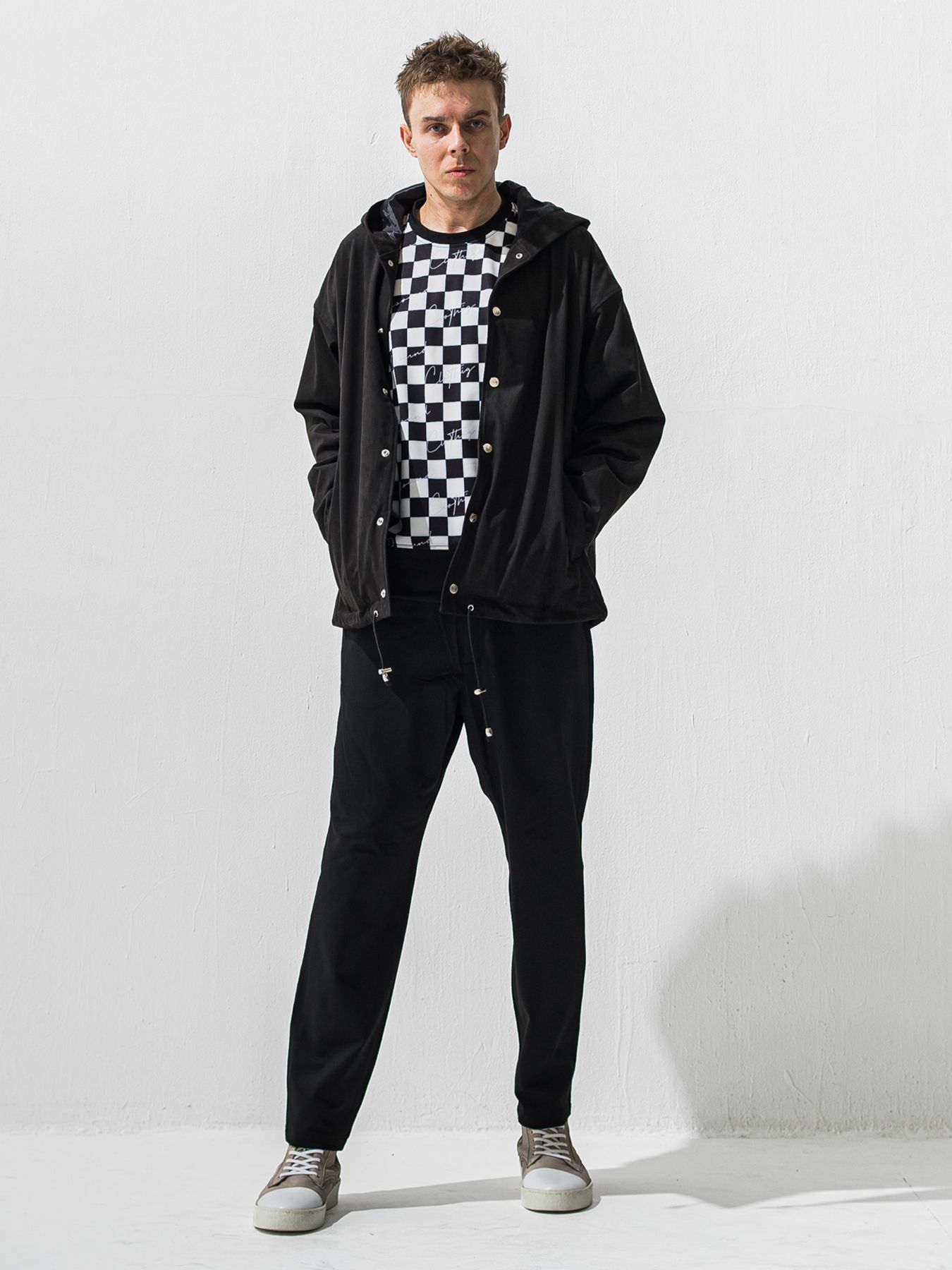 【予約品 9月6日(日) 締切】CHECKER BACK FLEECE TRAINER / 裏起毛 ルーズトレーナー / ホワイト×ブラック