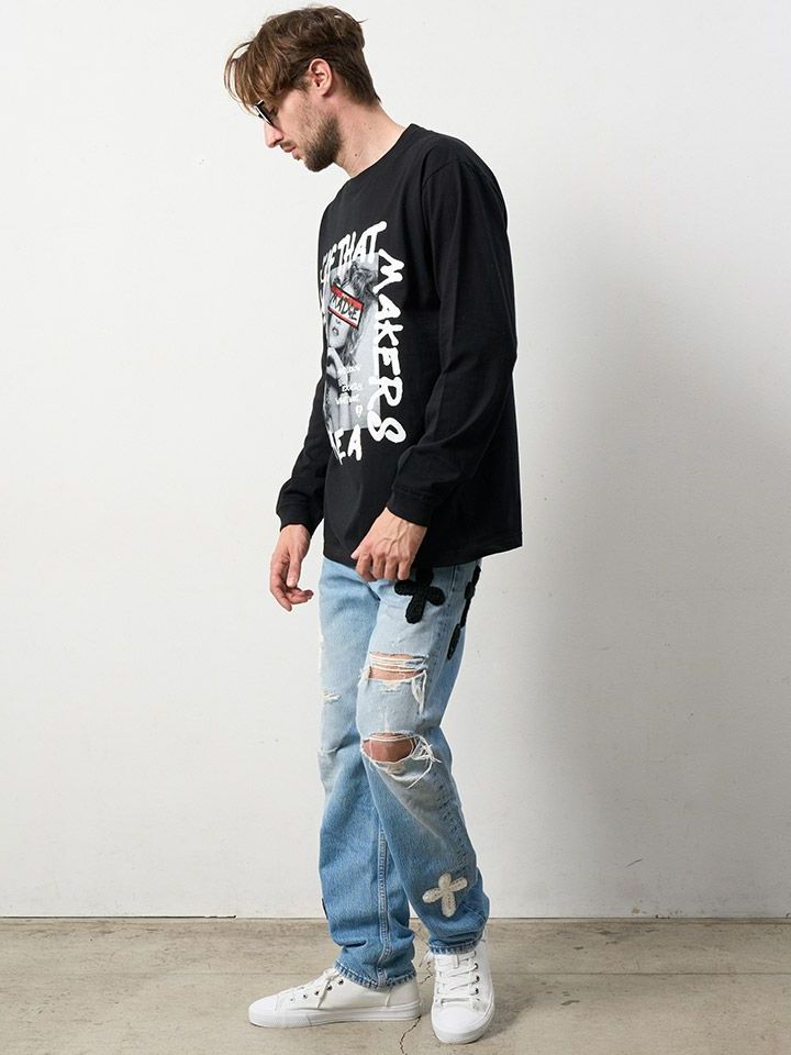 【予約品】 5.6ozコットン天竺 MADGEシークインLS Tシャツ / ブラック 【STUD MUFFIN(スタッドマフィン)】