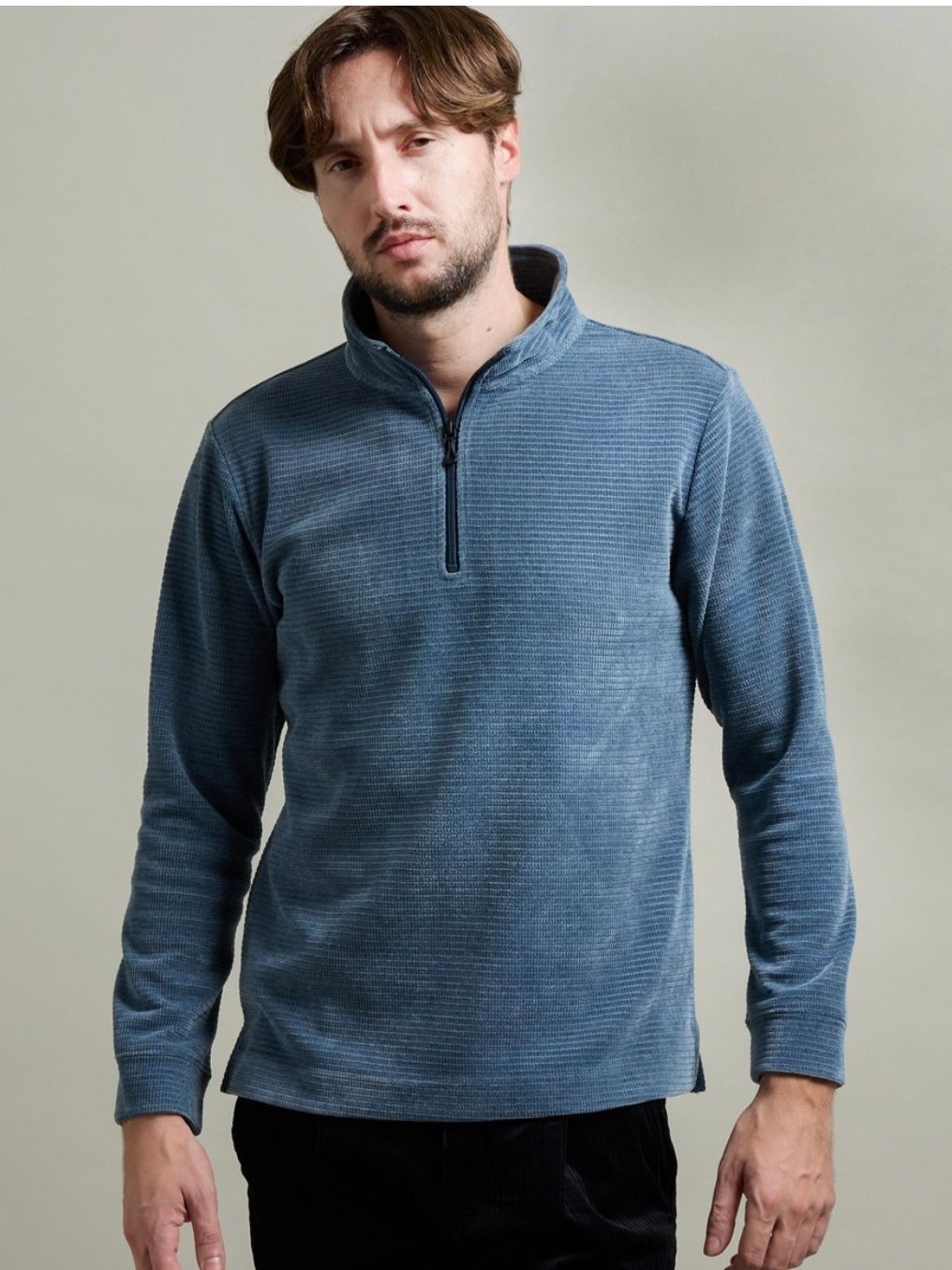 モールブロックチェックスタンドハーフジッププルオーバー / ブルー【HIDEAWAYS BLACK】