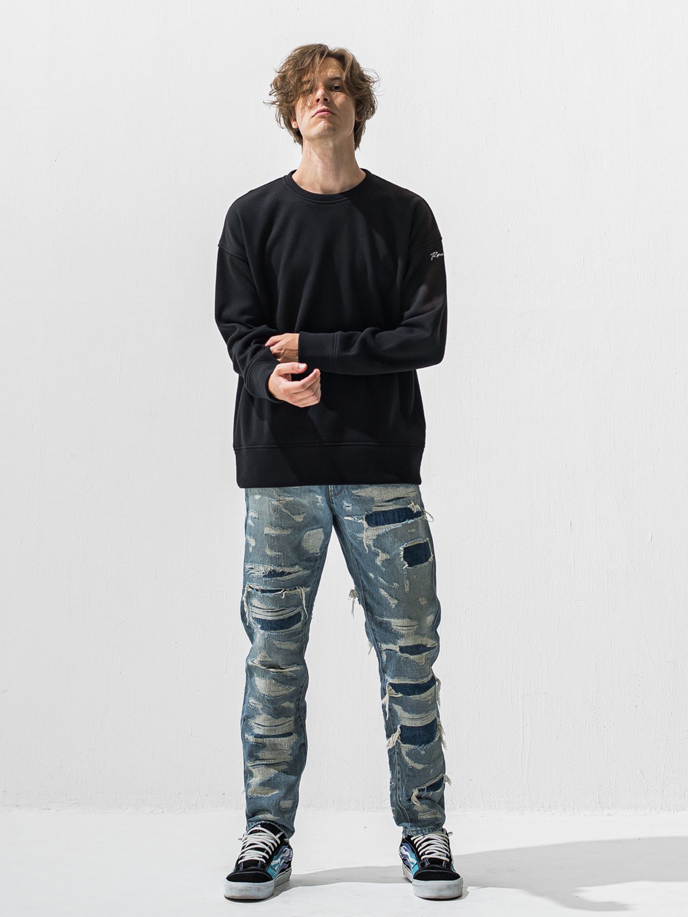 【予約品 9月6日(日) 締切】VELOURS FLEECE THERMAL LOOSE TRAINER / 裏起毛 ハニカムサーマル ルーズトレーナー / ブラック