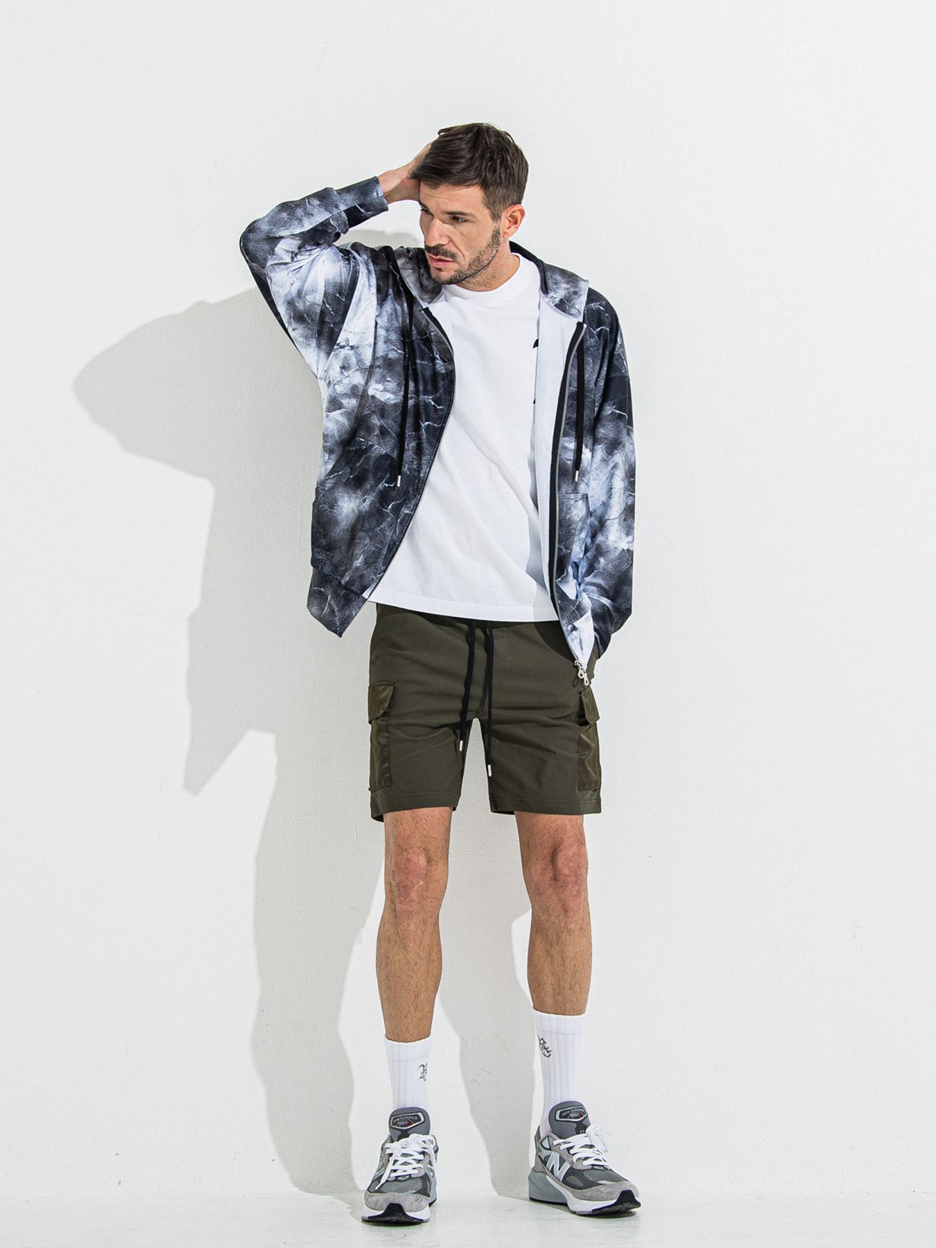 【予約品 】RASH OVER ZIPUP HOODIE / ラッシュガード オーバーサイズジップアップパーカー / マーブルブラック