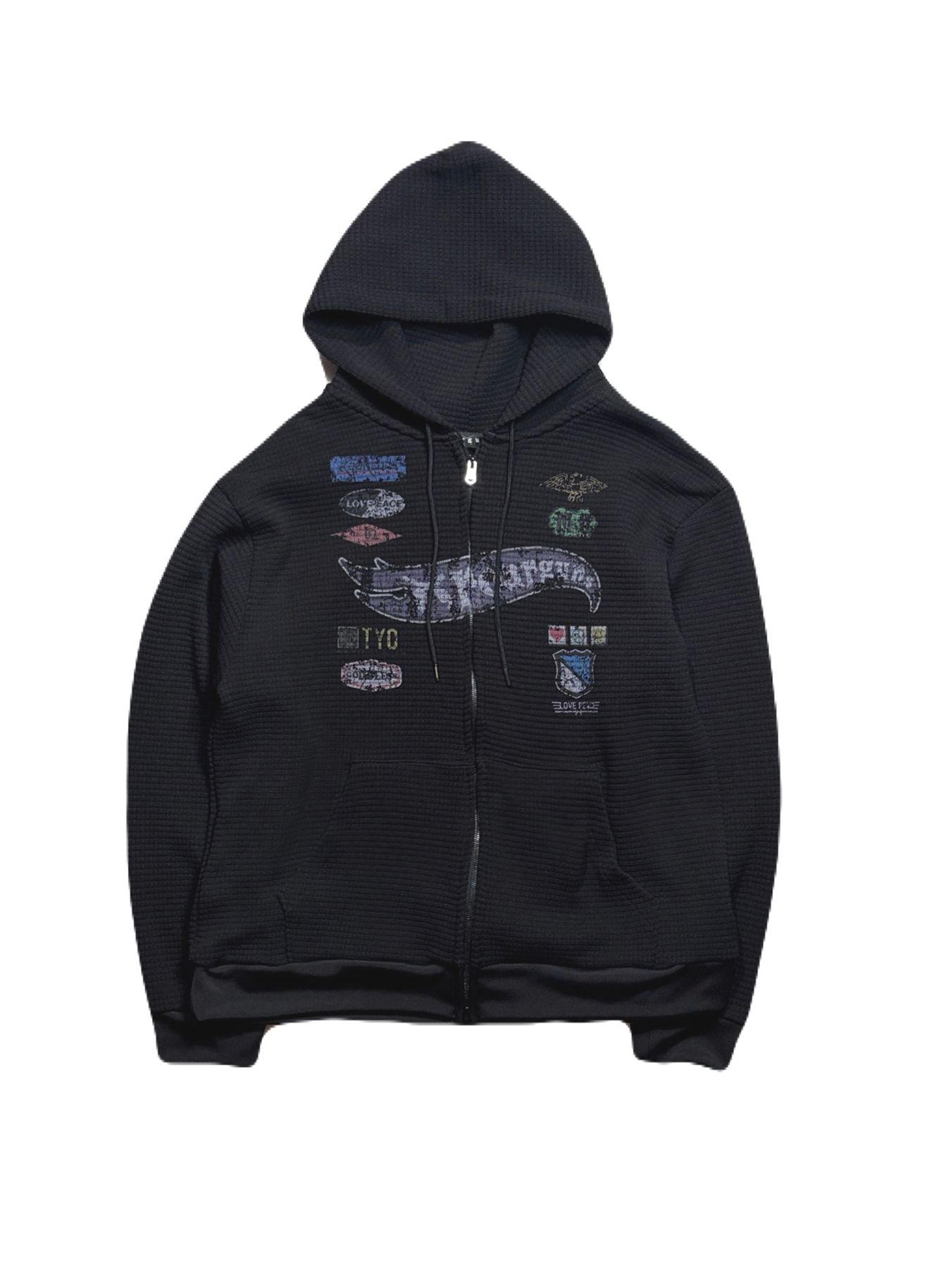 【予約品 3月9日(月) 18:00 締切】PRINT WAFFLE HOODIE / プリント ビッグワッフル ジップフーディ  / ブラック