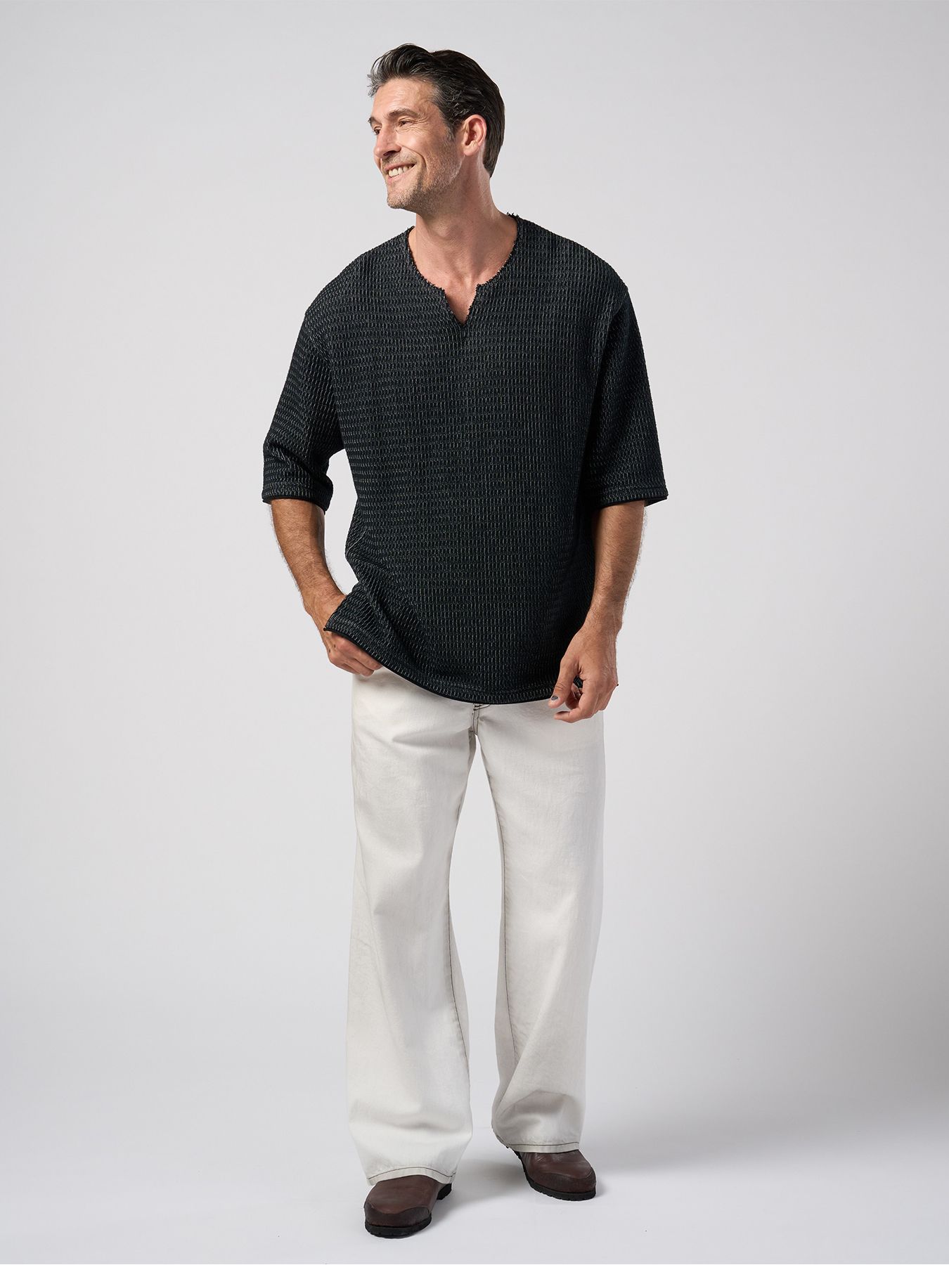 【予約品】textured knit key-neck H/S / ニットジャージー ハーフスリーブトップス / ブラック×グレー