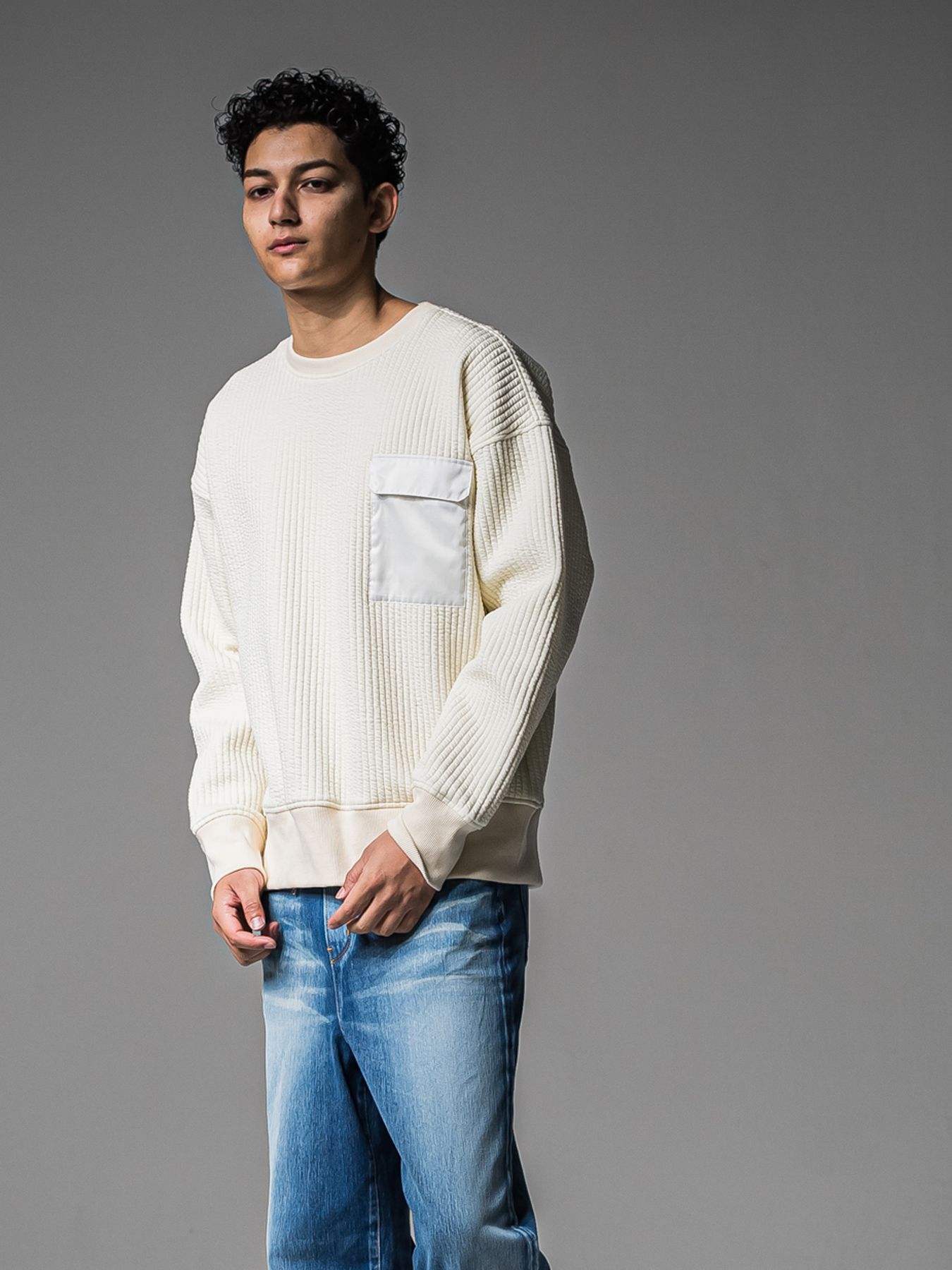【予約品 】STRIPE QUILTING DROP TRAINER / ストライプキルティング ルーズトレーナー / オフ