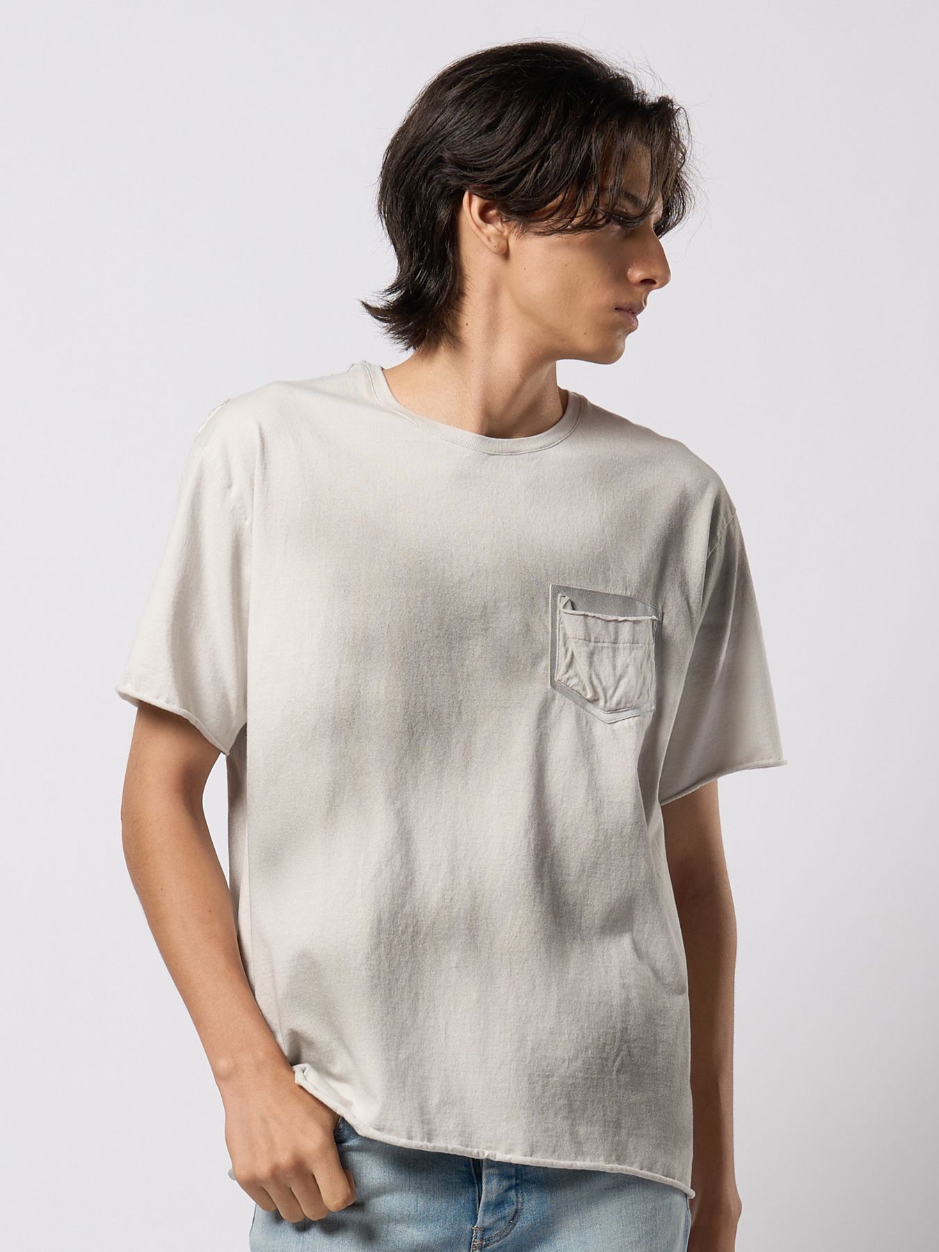 【予約品 9月23日(火) 締切】spray dye leather pocket-T / スプレーダイ レザーポケットTシャツ / グレージュ×シルバー